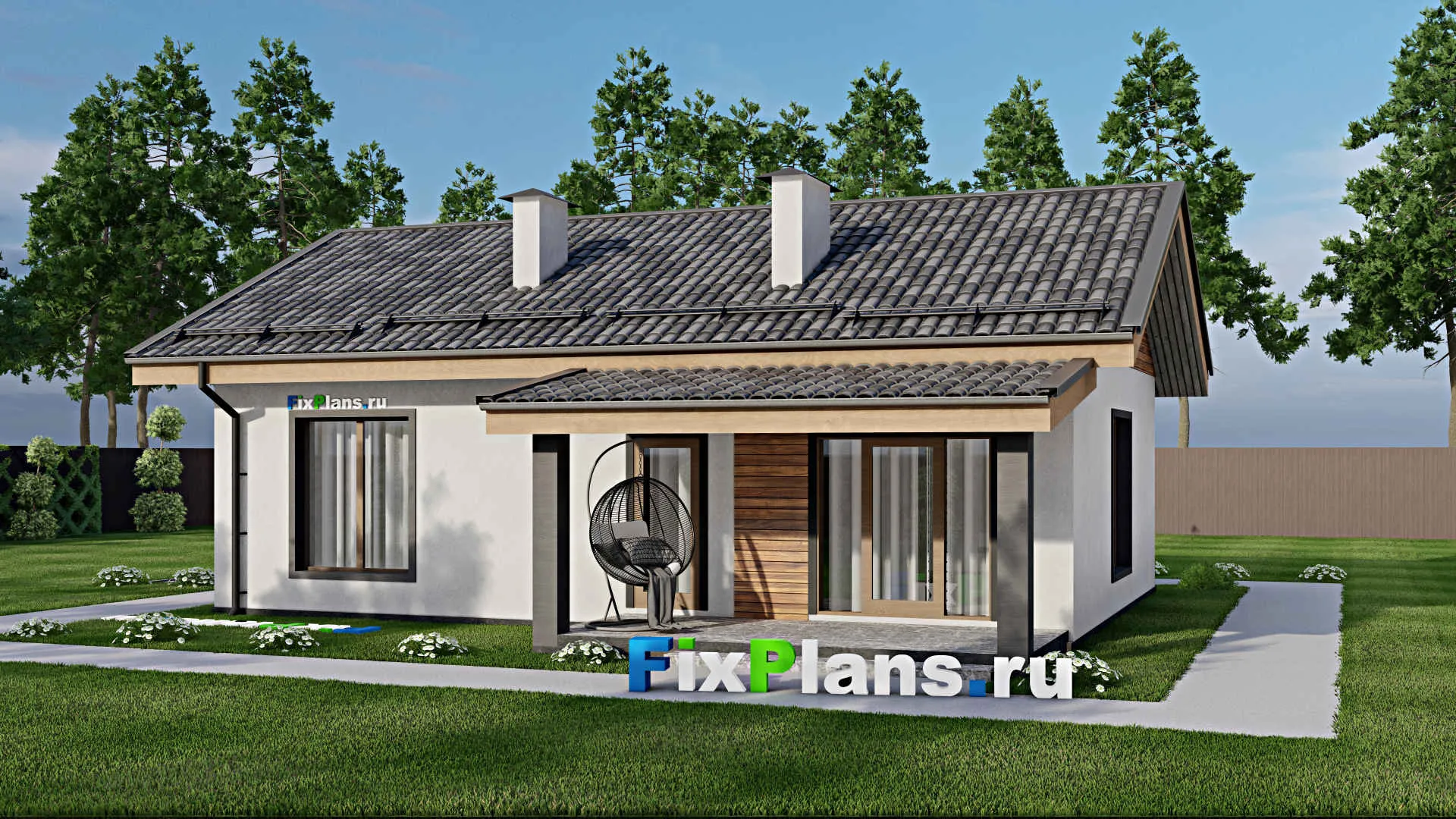 F-6731 - Проект одноэтажного дома 12 на 12, площадью 90 м² с террасой и 2 спальнями