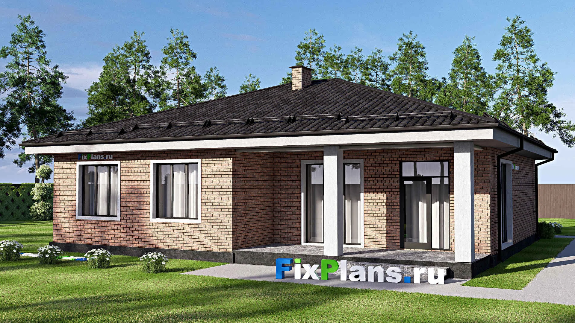 F-17792 - Проект одноэтажного дома 15 на 15, площадью 160 м² с террасой и 3 спальнями