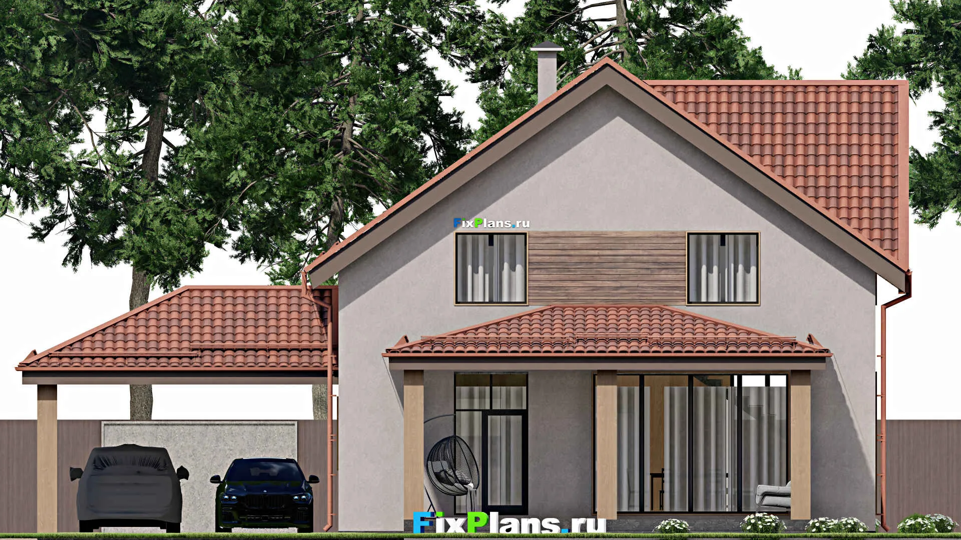 F-8252 - Проект дома с мансардой 11 на 11, площадью 250 м² с террасой, навесом для машины и 5 спальнями