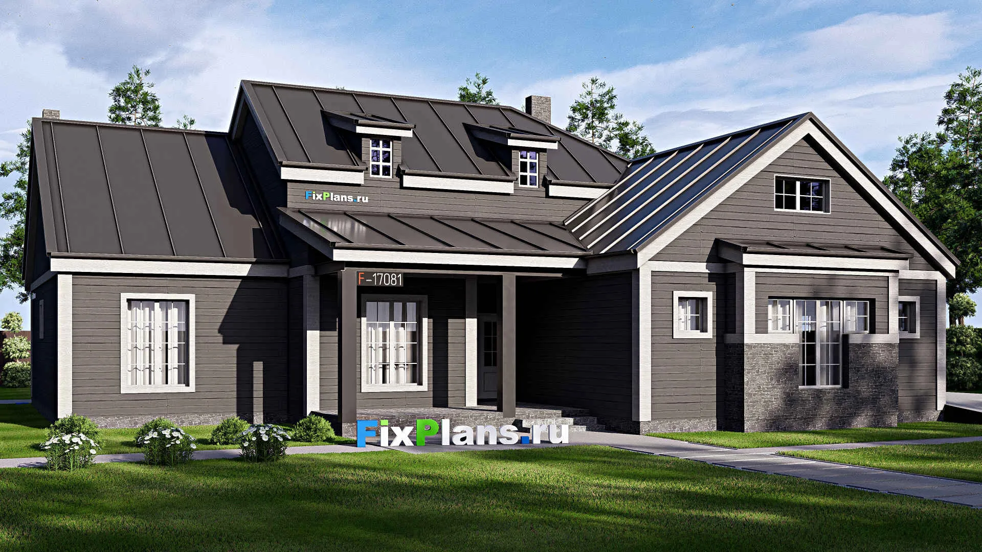 F-17081 - Проект одноэтажного дома 20 на 21, площадью 260 м² с террасой, гаражом на 2 машины и 4 спальнями