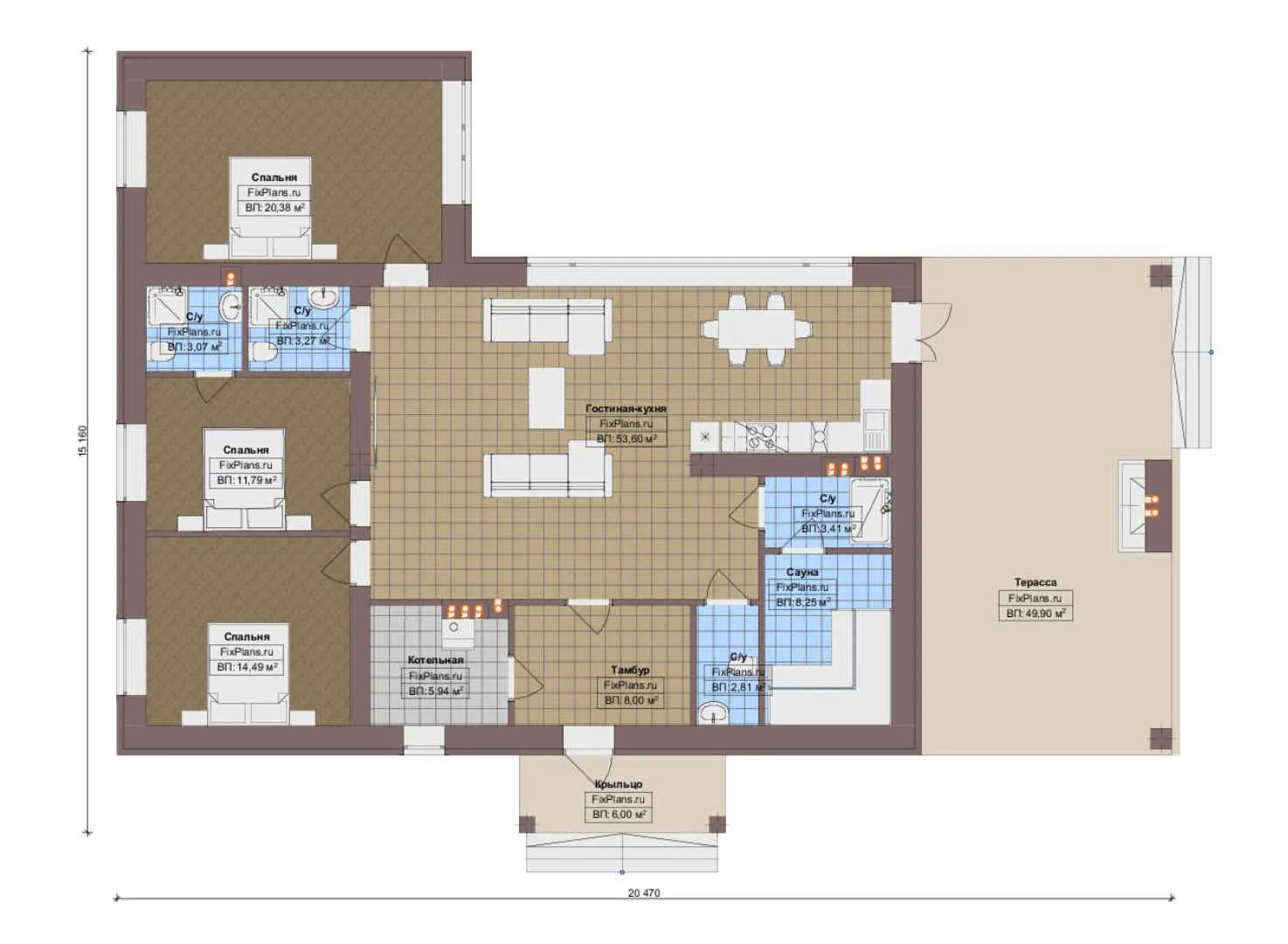 F-13391 - План одноэтажного дома 16 на 21, площадью 200 м² с террасой, баней и 3 спальнями