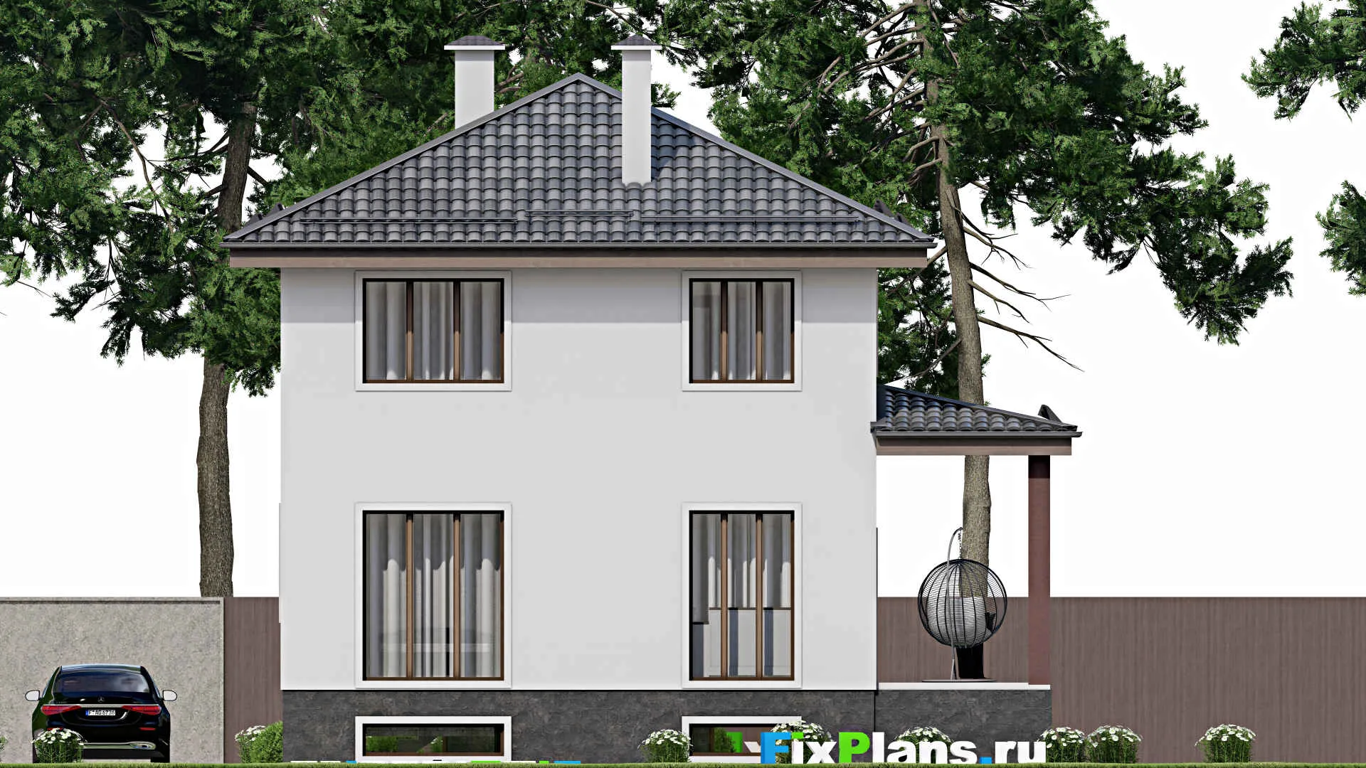 F-11150 - Проект двухэтажного дома 11 на 11, площадью 190 м² с террасой, цокольным этажом и 5 спальнями