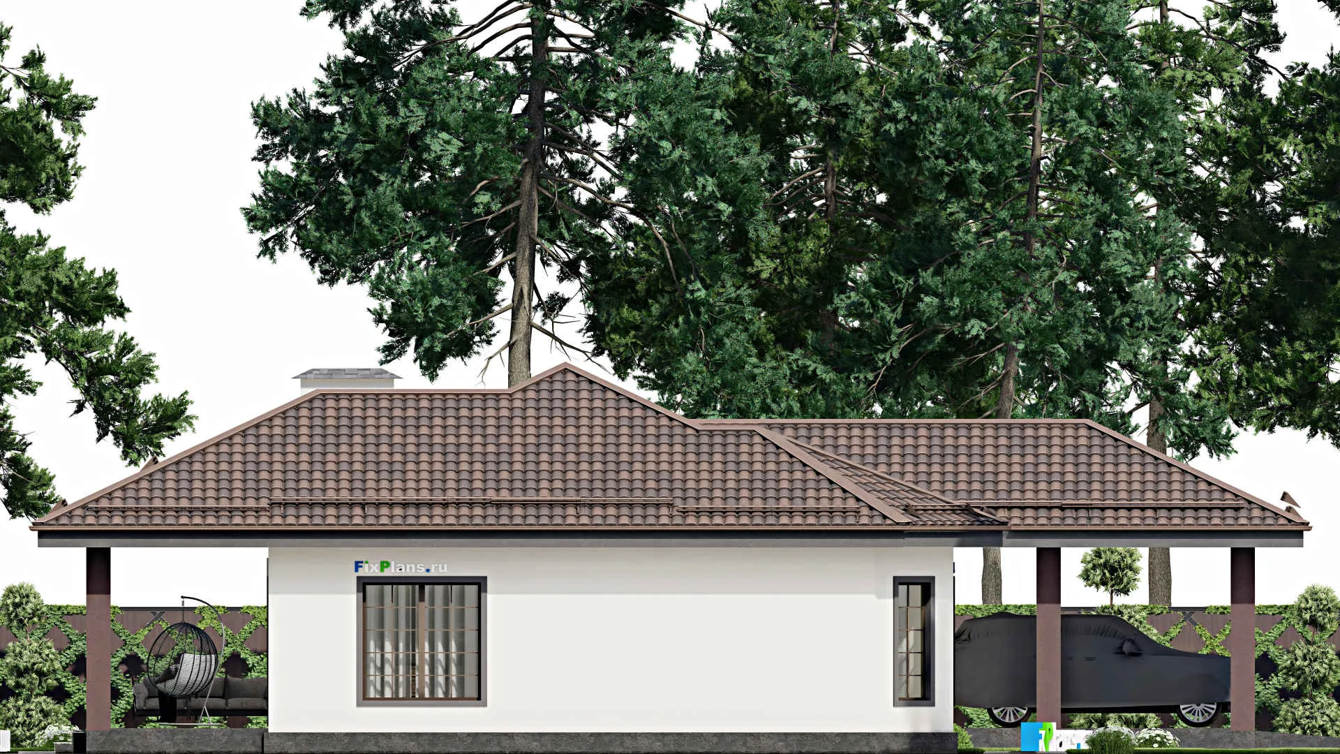 F-12077 - План одноэтажного дома 20 на 20, площадью 220 м² с террасой, гаражом на 2 машины и 2 спальнями