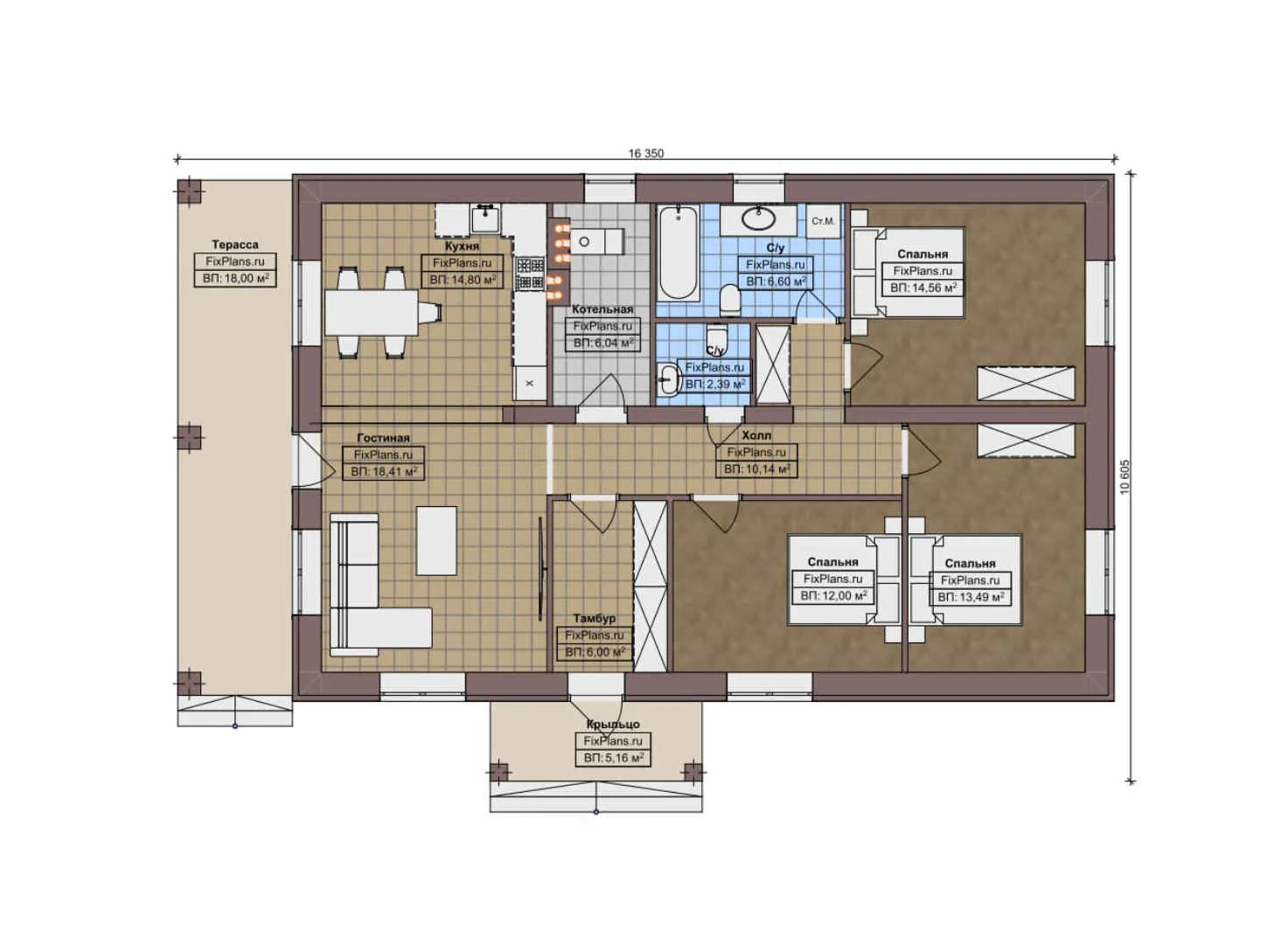 F-10457 - План одноэтажного дома 11 на 17, площадью 130 м² с 3 спальнями