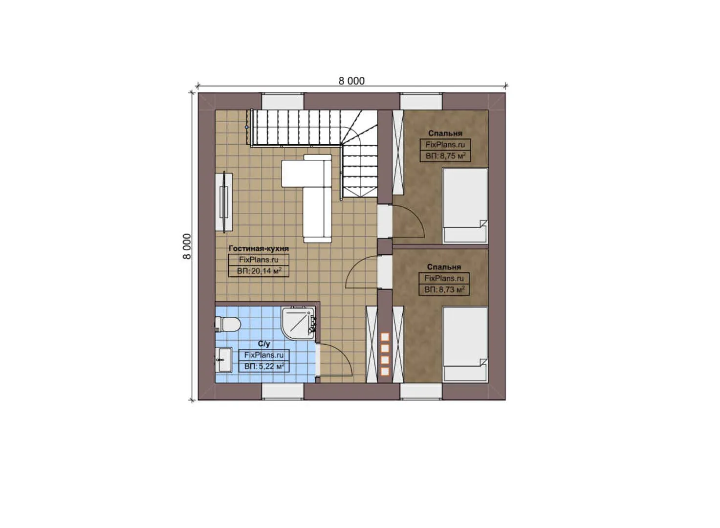 F-5543 - Планы дома с мансардой 8 на 8, площадью 100 м² с 3 спальнями