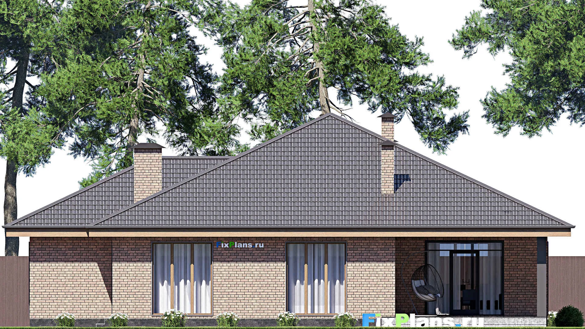 F-17738 - Проект одноэтажного дома 17 на 20, площадью 210 м² с террасой, гаражом на 2 машины и 3 спальнями