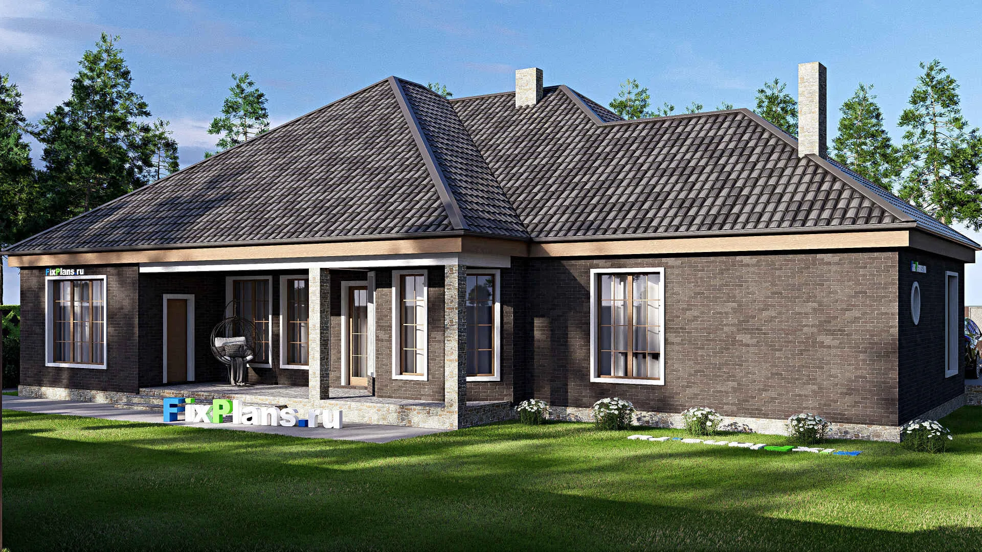 F-17171 - План одноэтажного дома 21 на 22, площадью 300 м² с террасой, гаражом на 2 машины и 5 спальнями