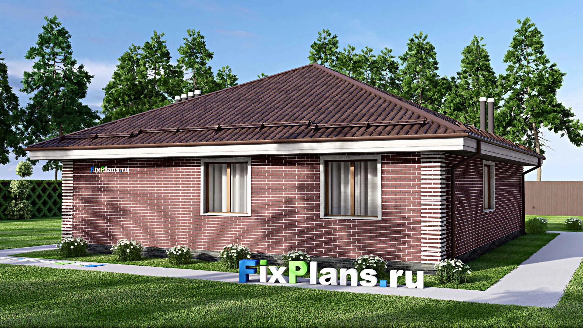 F-14012 - План одноэтажного дома 13 на 15, площадью 130 м² с террасой и 2 спальнями