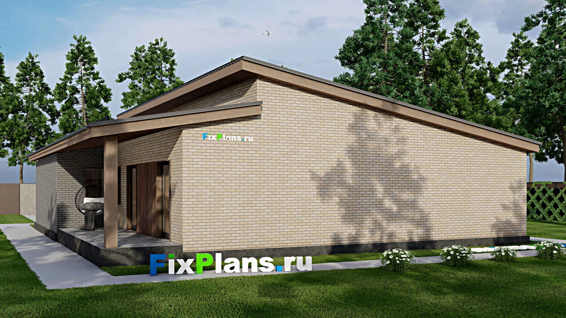 F-5696 - Проект одноэтажного дома 16 на 18, площадью 210 м² с террасой, гаражом на 1 машину и 3 спальнями