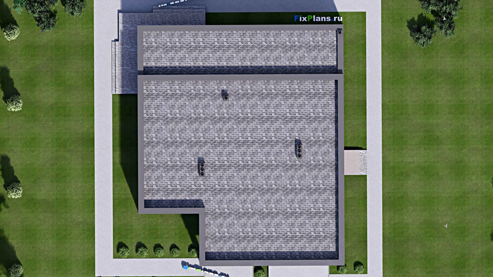 F-15983 - План одноэтажного дома 21 на 22, площадью 280 м² с террасой, гаражом на 2 машины и 3 спальнями
