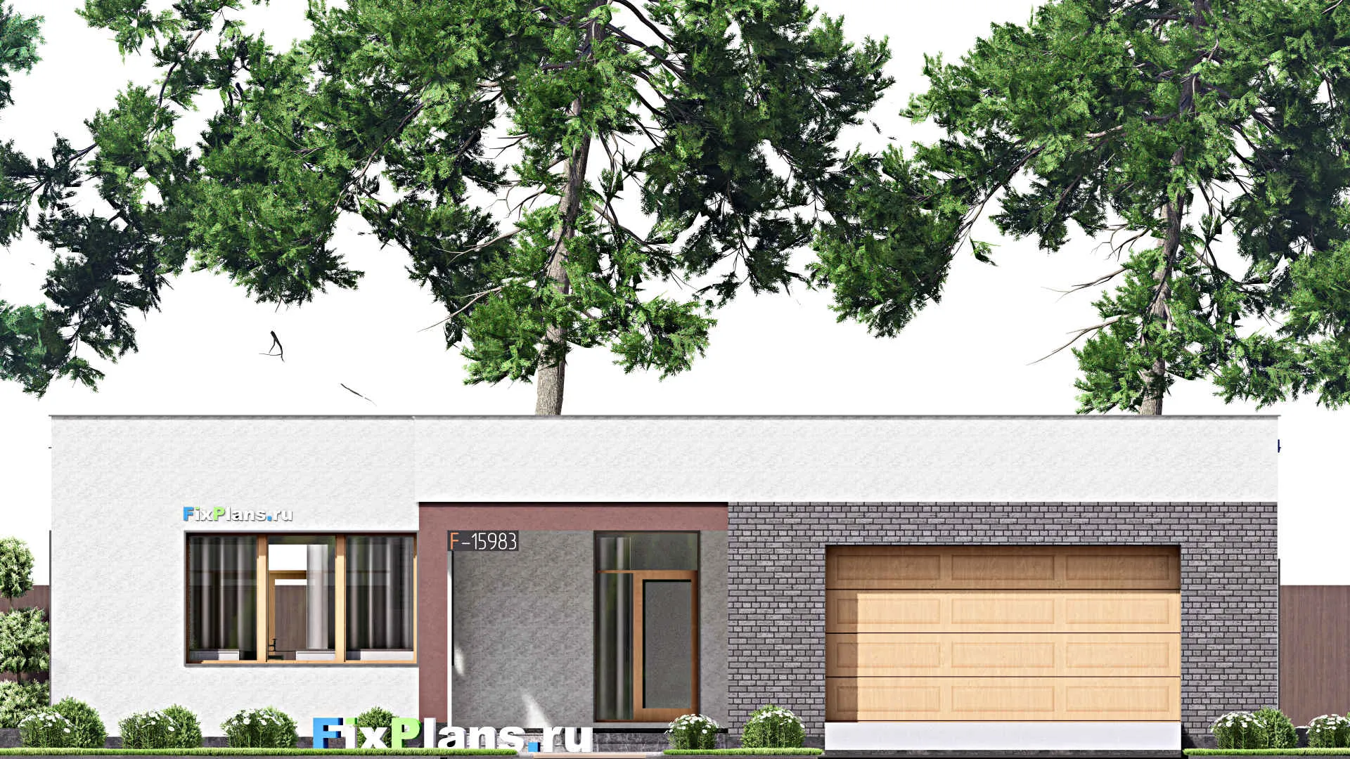 F-15983 - План одноэтажного дома 21 на 22, площадью 280 м² с террасой, гаражом на 2 машины и 3 спальнями