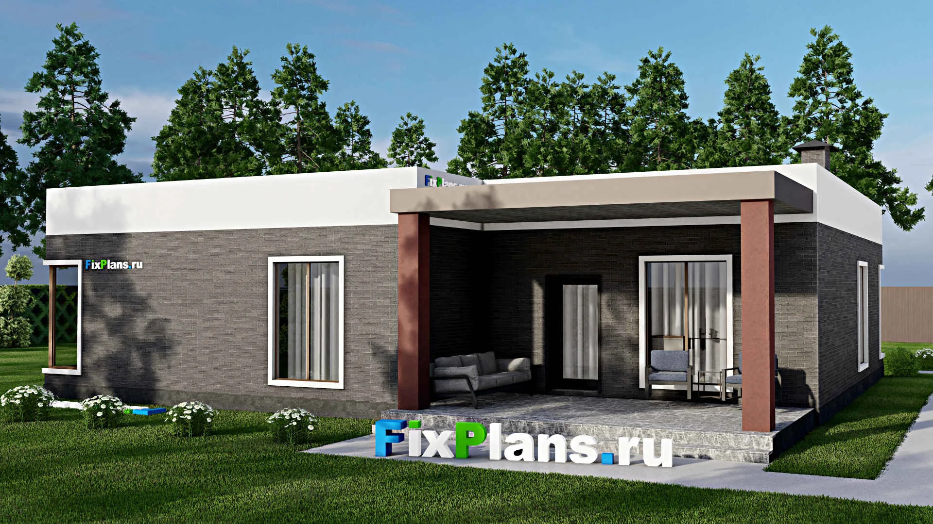 F-10727 - План одноэтажного дома 15 на 16, площадью 180 м² с террасой и 3 спальнями