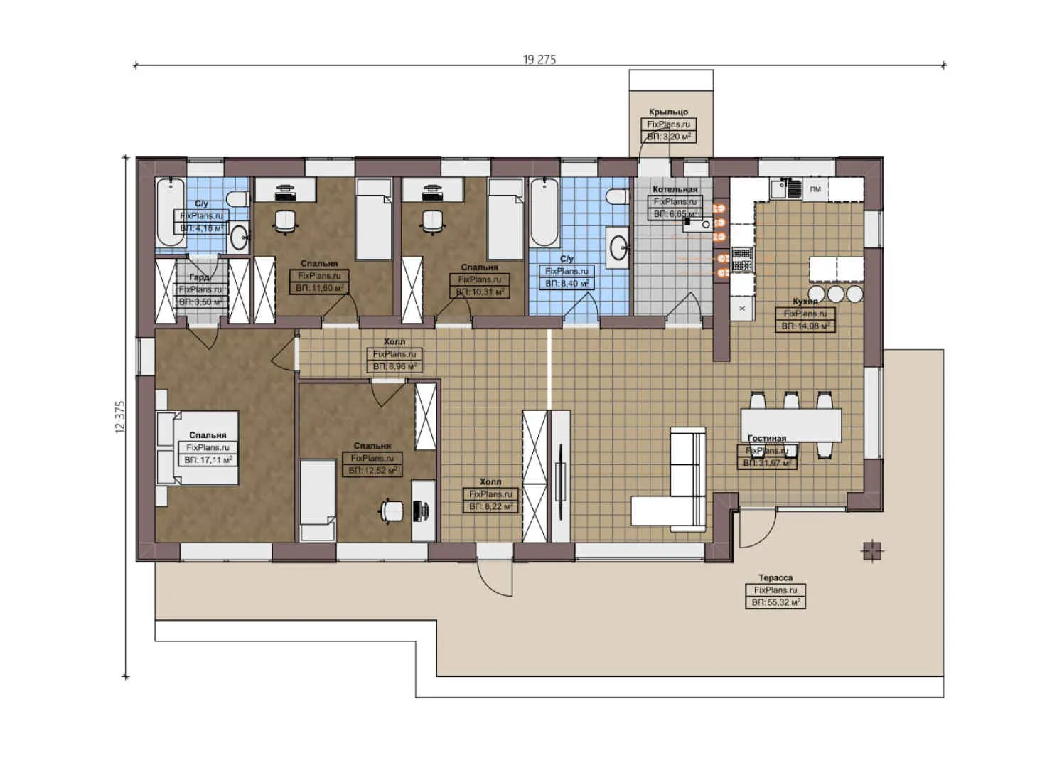 F-3653 - План одноэтажного дома 13 на 20, площадью 200 м² с террасой и 4 спальнями