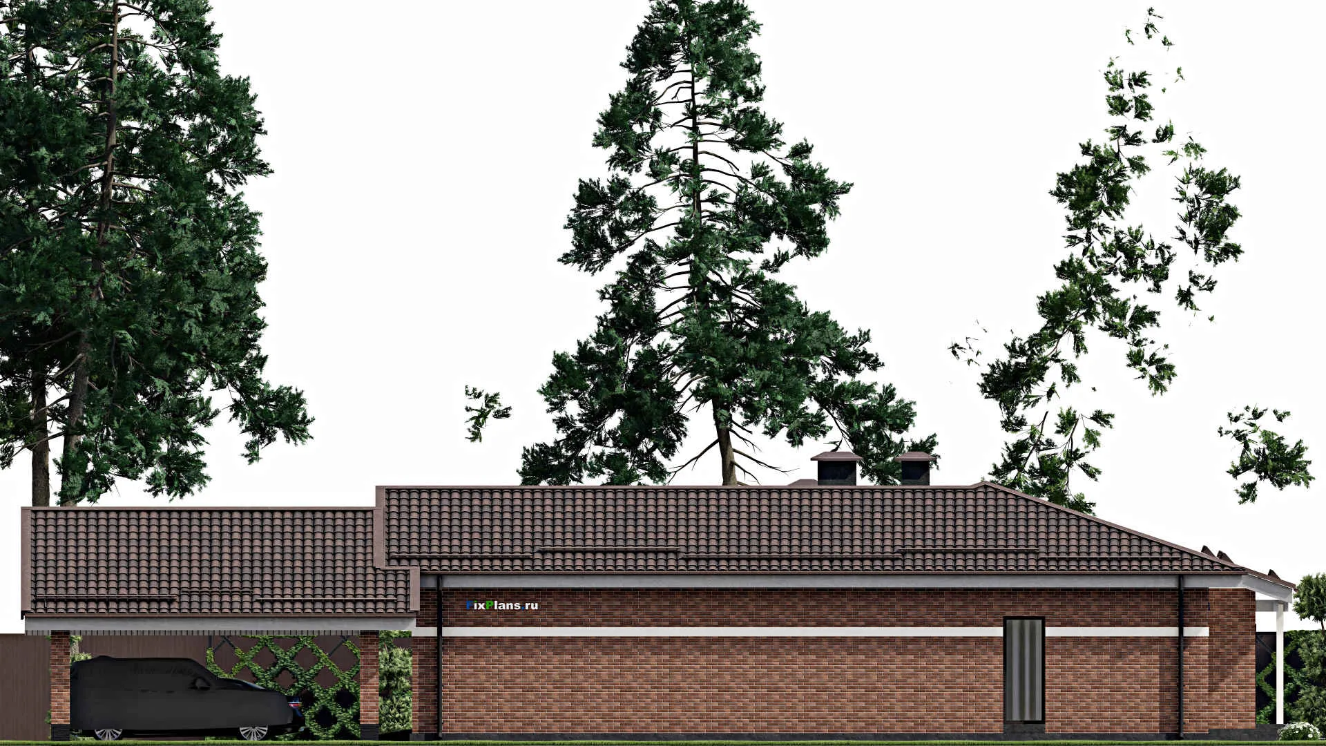 F-6317 - Проект одноэтажного дома 18 на 18, площадью 180 м² с баней, гаражом на 2 машины и 3 спальнями