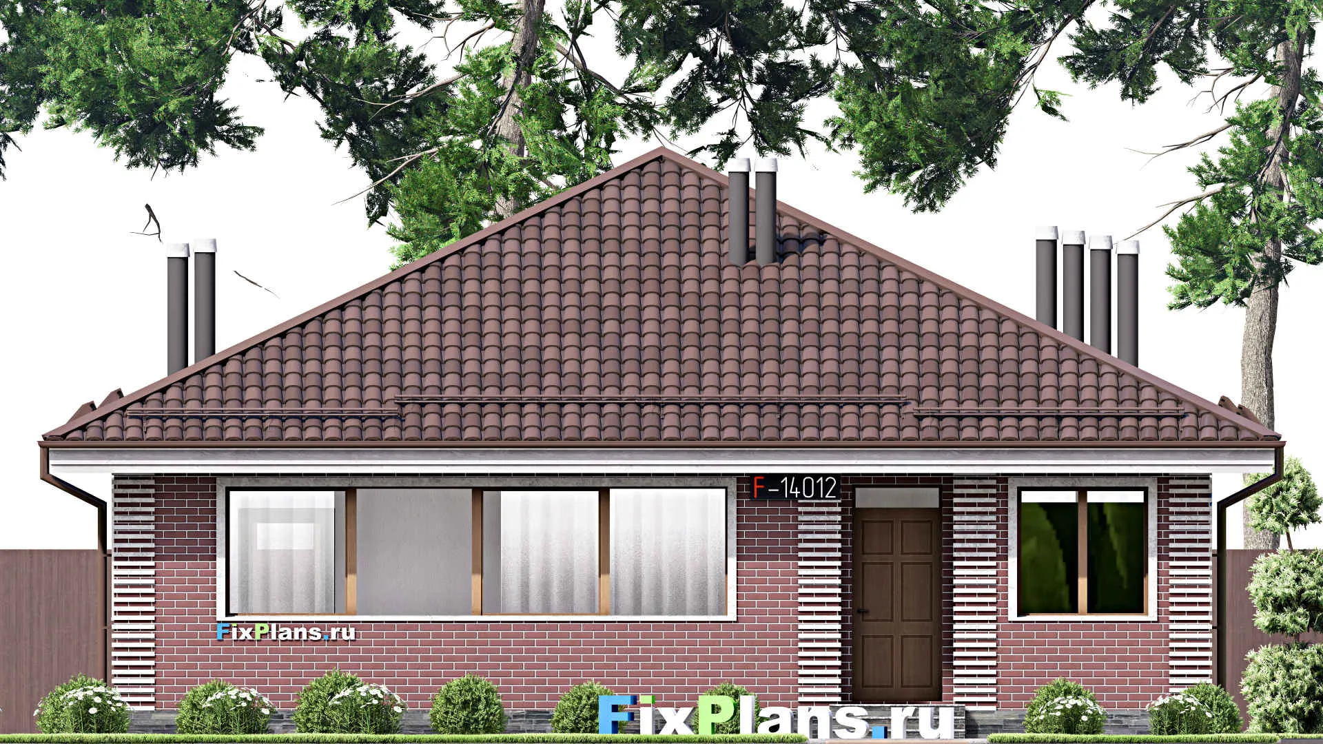 F-14012 - План одноэтажного дома 13 на 15, площадью 130 м² с террасой и 2 спальнями