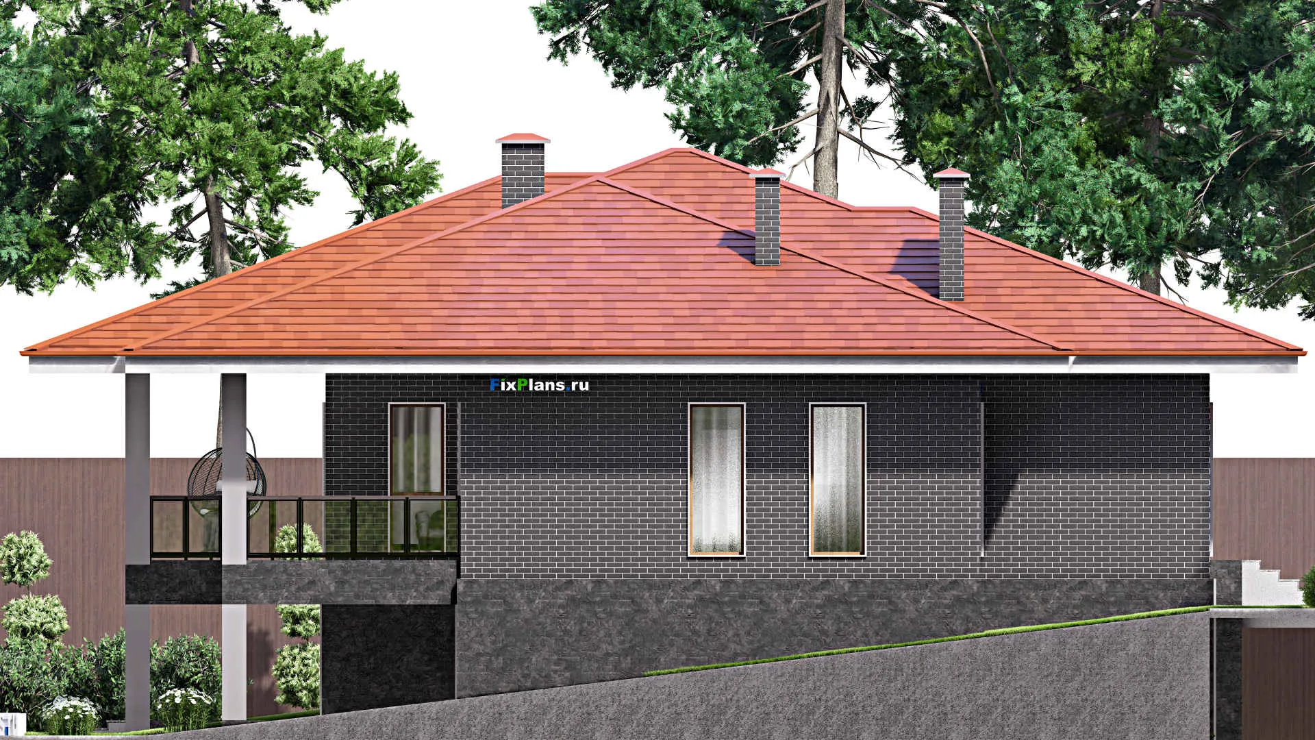 F-13247 - Проект одноэтажного дома 18 на 19, площадью 380 м² с террасой, цокольным этажом, спортзалом и 4 спальнями