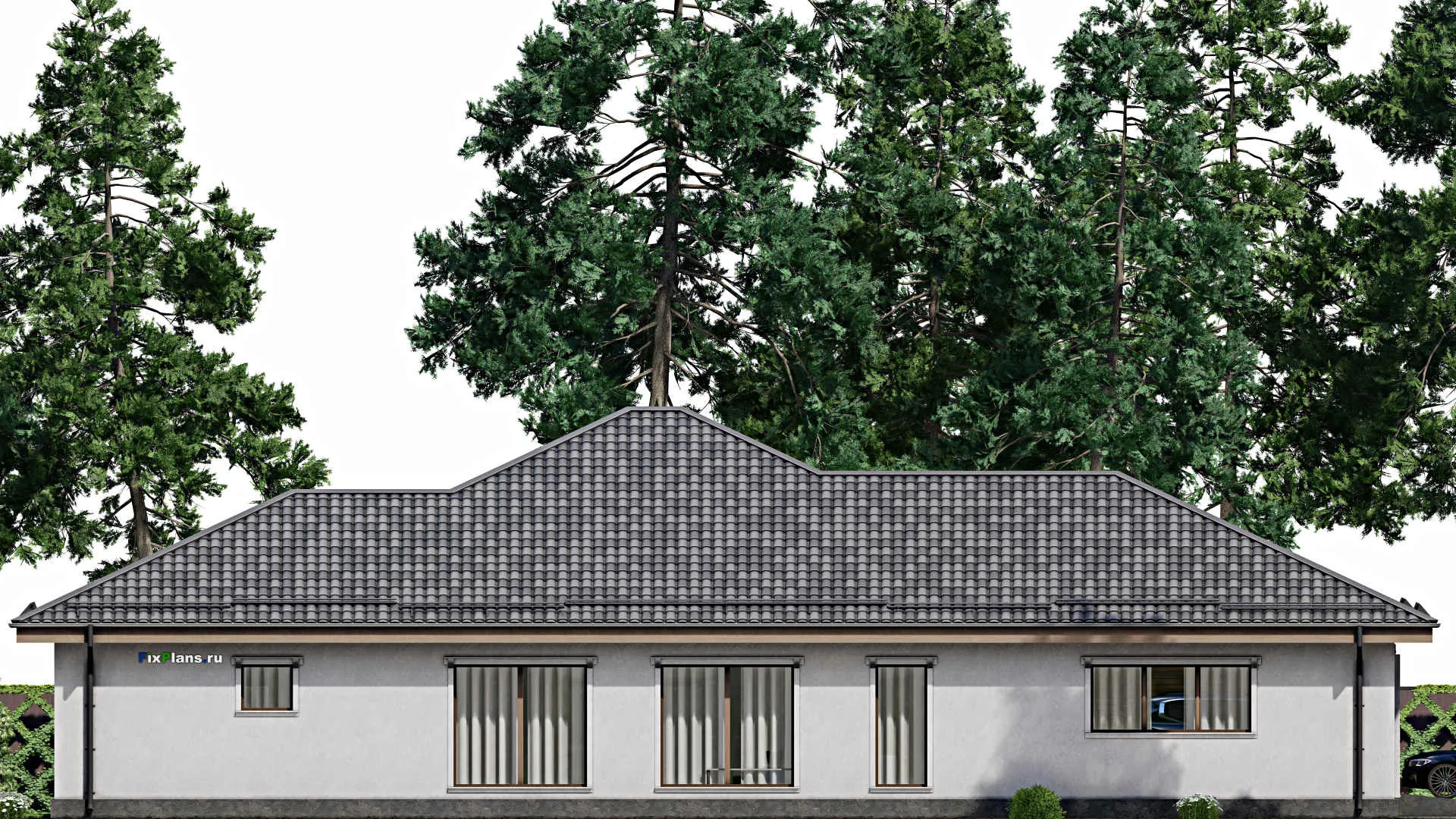 F-10295 - План одноэтажного дома 16 на 25, площадью 290 м² с террасой, баней, гаражом на 2 машины и 3 спальнями