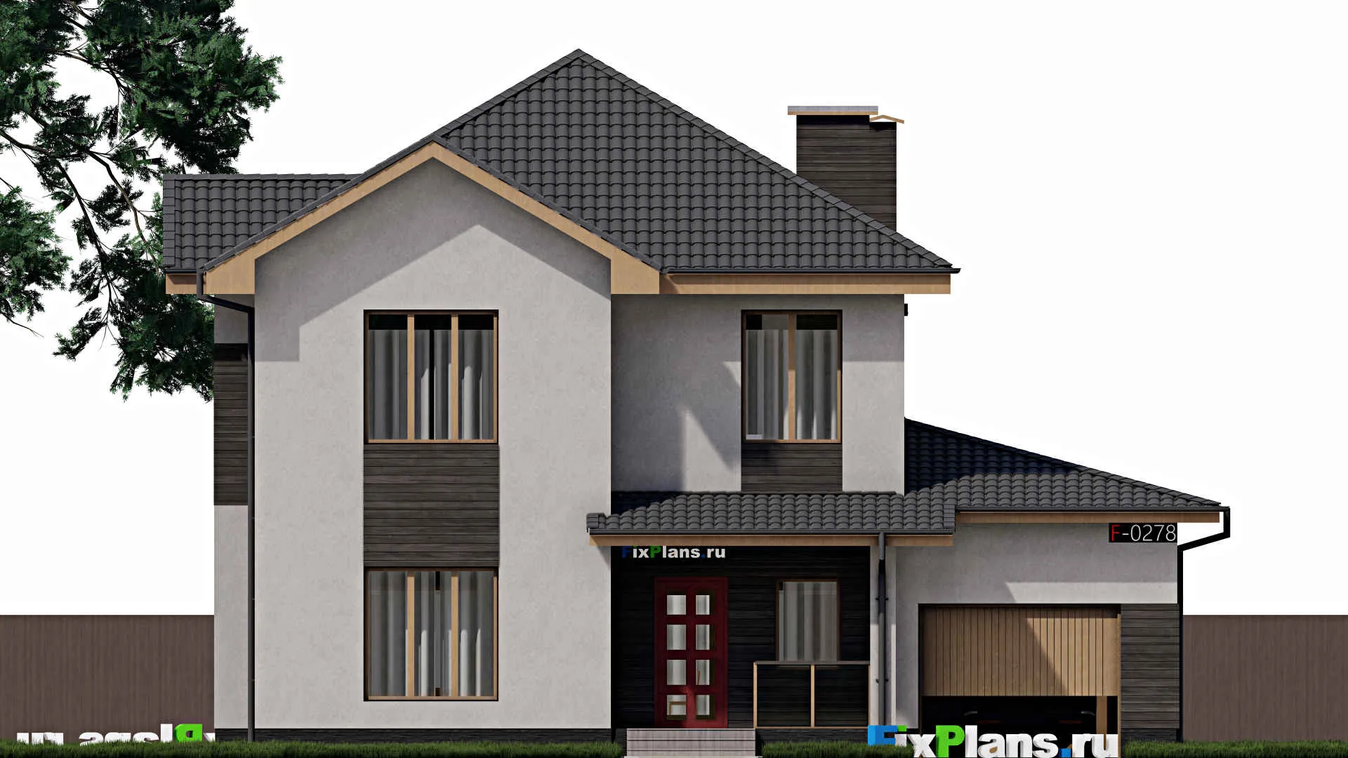 F-0278 - Проект двухэтажного дома 12 на 15, площадью 220 м² с террасой, гаражом на 1 машину и 3 спальнями