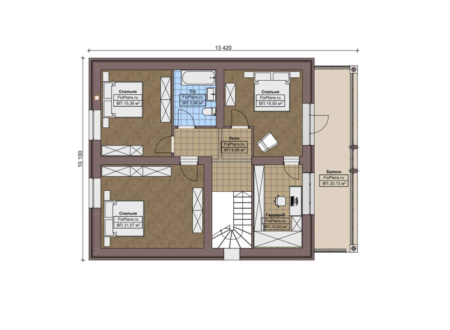 F-9044 - Планы дома с мансардой 11 на 14, площадью 210 м² с террасой, балконом и 4 спальнями