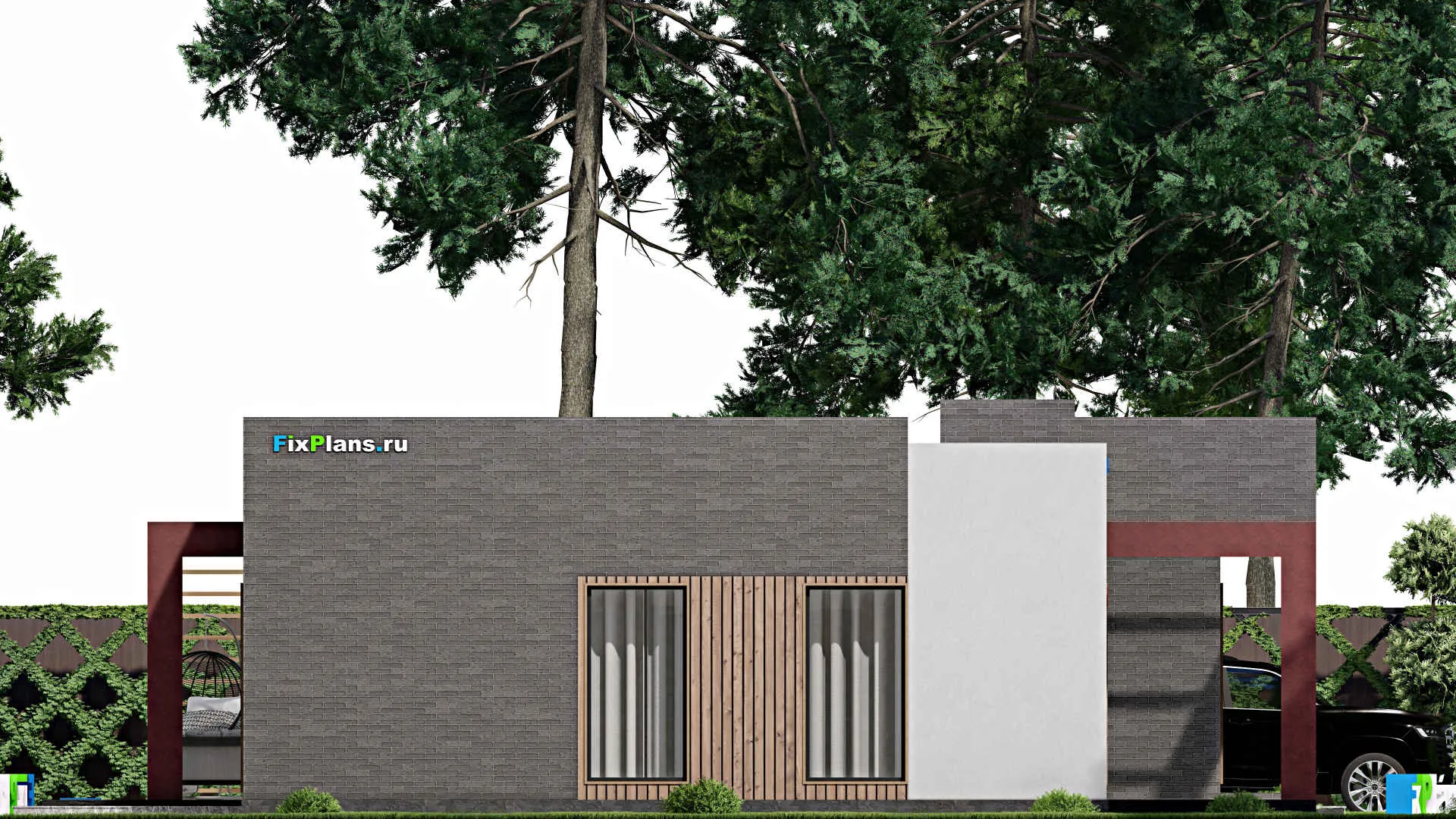 F-7037 - План одноэтажного дома 14 на 15, площадью 150 м² с террасой и 2 спальнями