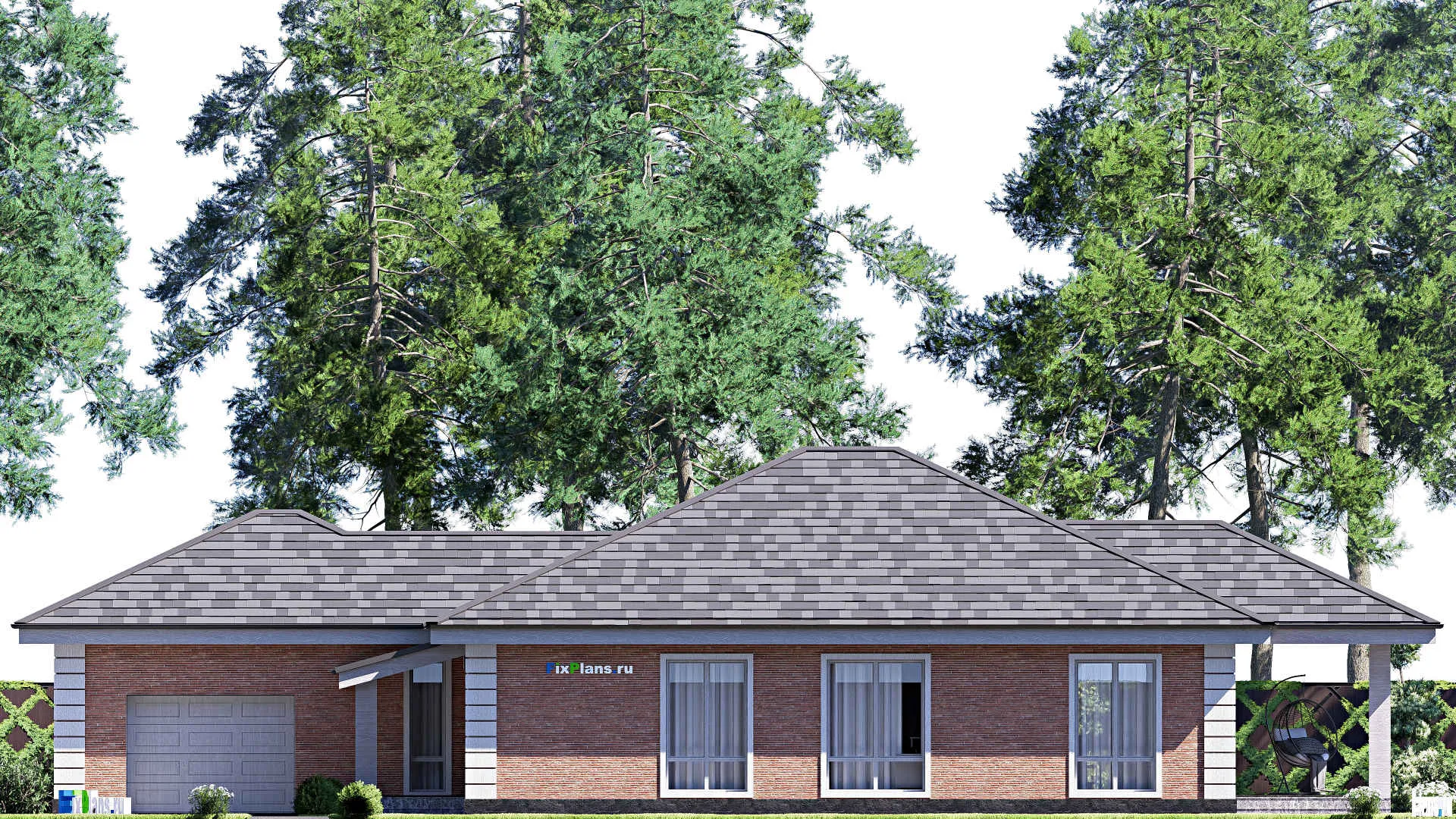 F-18728 - Проект одноэтажного дома 14 на 24, площадью 200 м² с террасой, гаражом на 2 машины и 3 спальнями