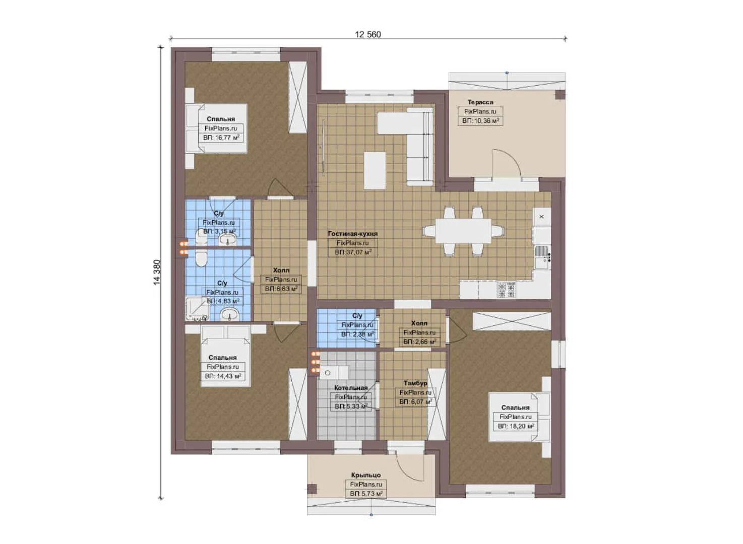 F-12536 - План одноэтажного дома 13 на 15, площадью 140 м² с террасой и 3 спальнями