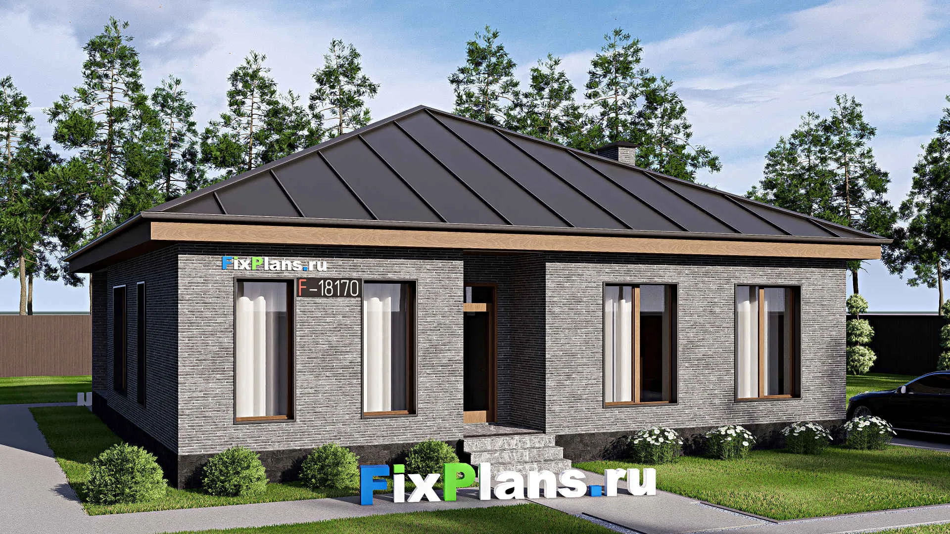 F-18170 - Проект одноэтажного дома 13 на 14, площадью 130 м² с террасой и 3 спальнями