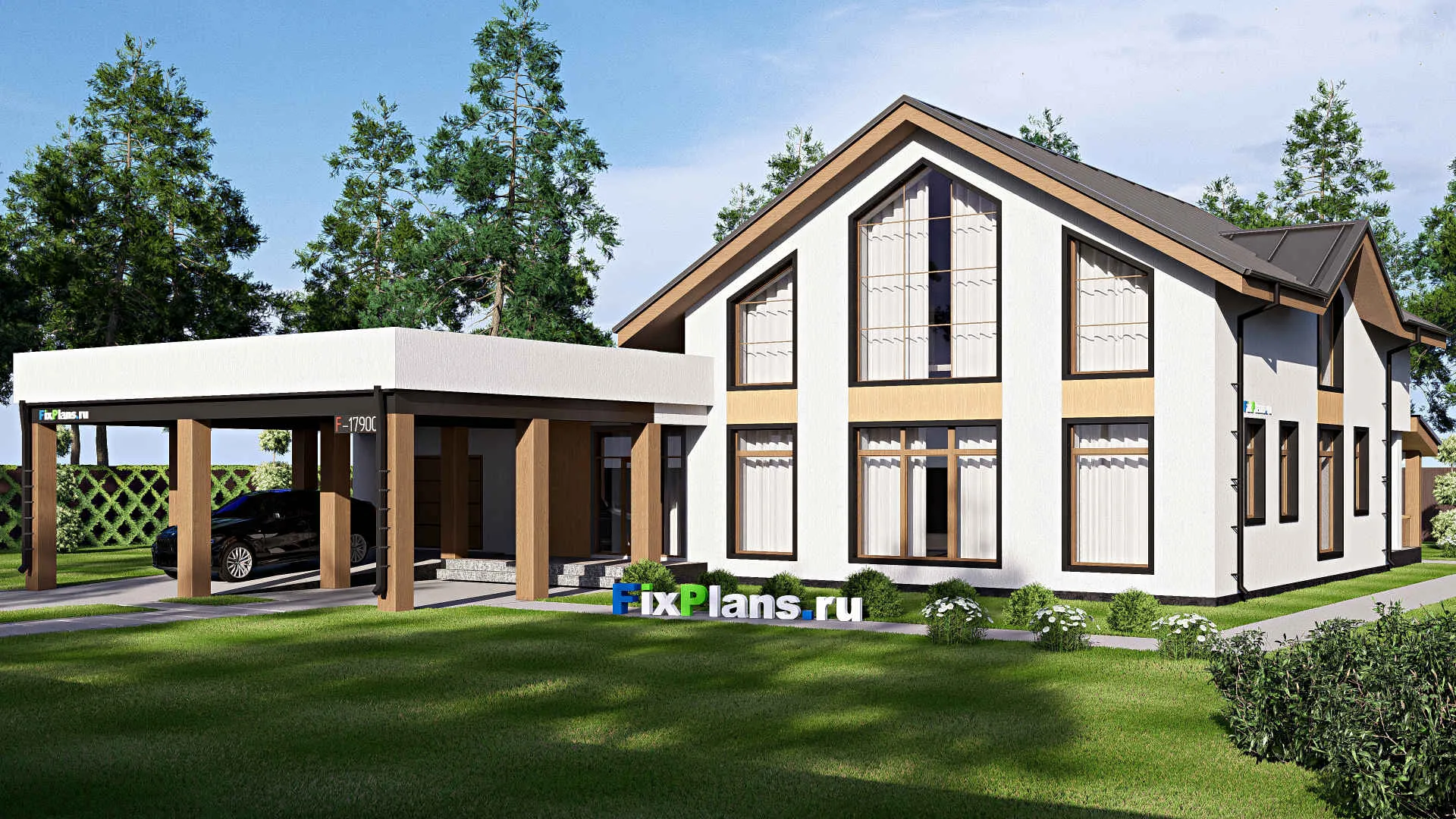 F-17900 - Проект дома с мансардой 21 на 24, площадью 380 м² с террасой, гаражом на 2 машины и 2 спальнями