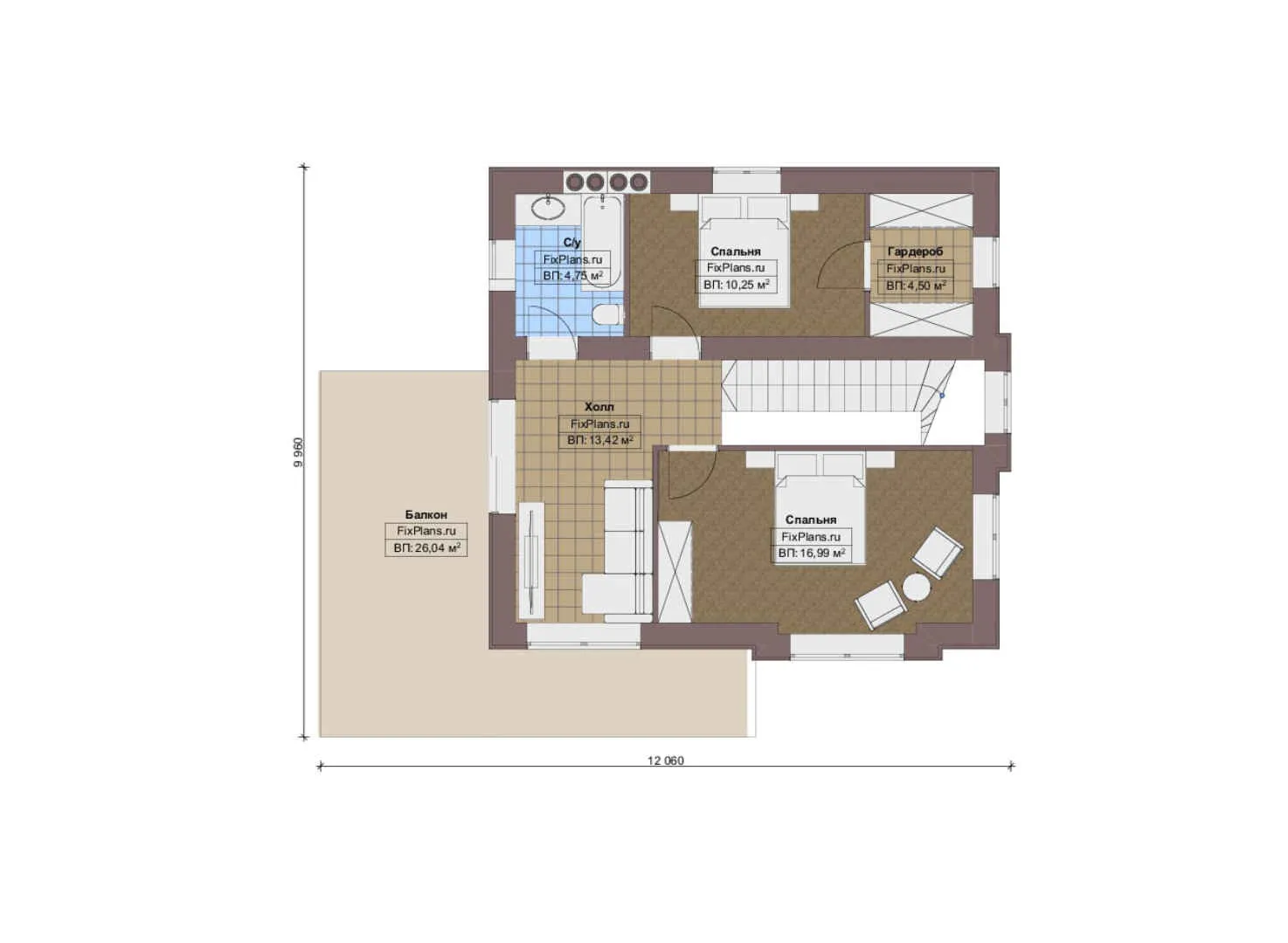 F-16154 - Планы двухэтажного дома 10 на 13, площадью 160 м² с террасой, балконом и 2 спальнями