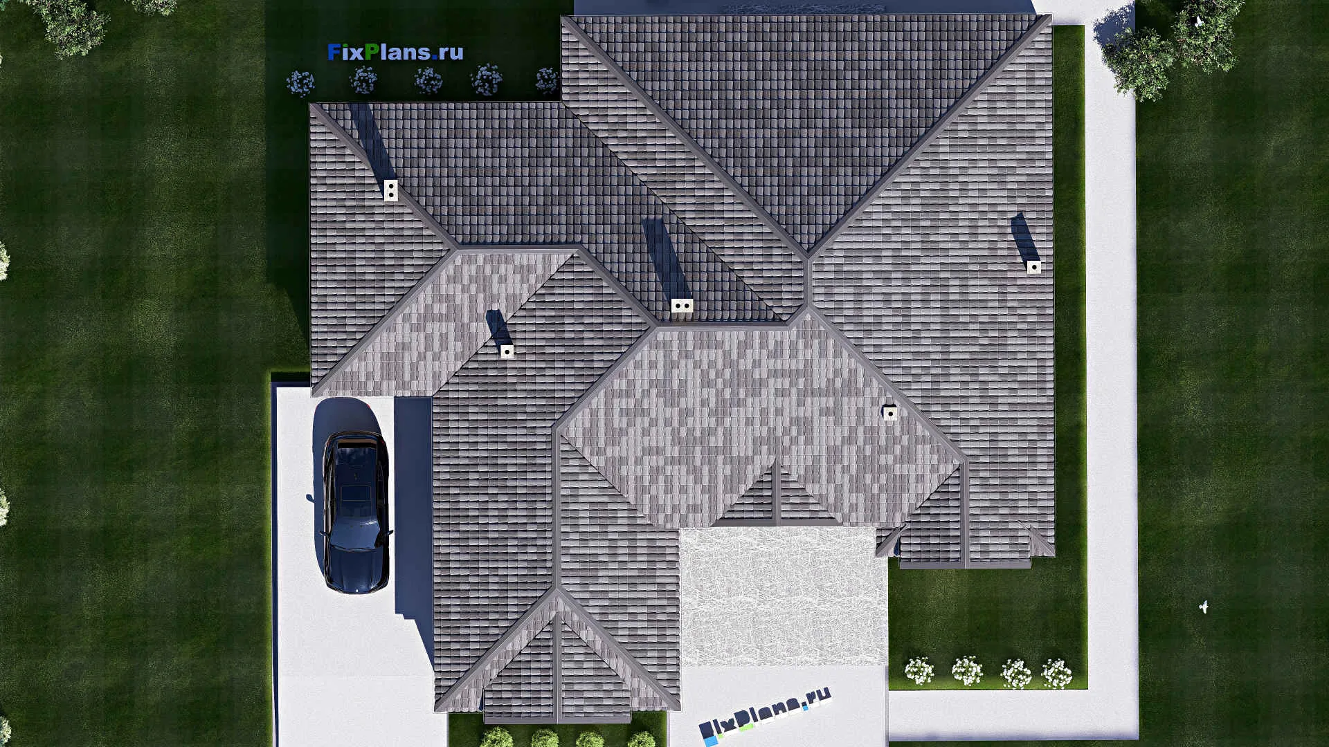 F-17171 - План одноэтажного дома 21 на 22, площадью 300 м² с террасой, гаражом на 2 машины и 5 спальнями