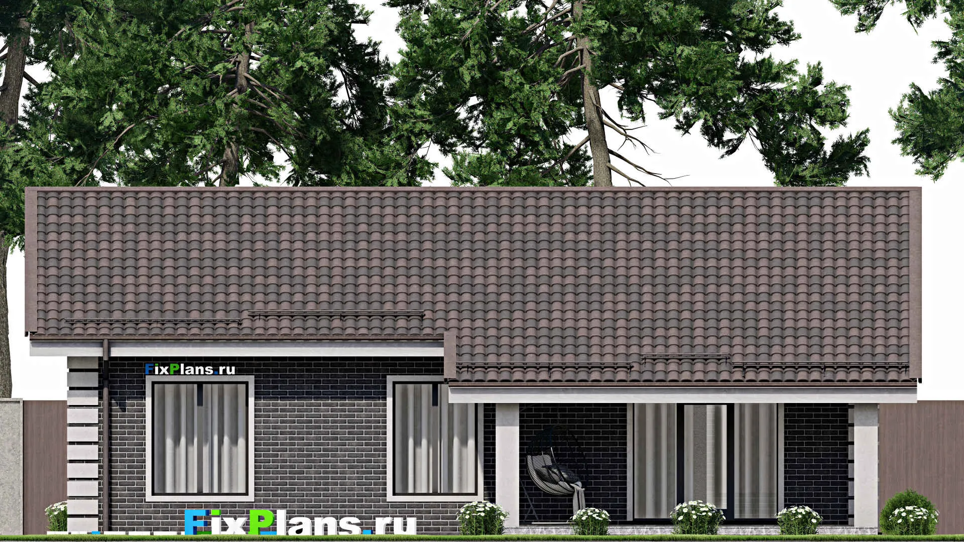 F-6992 - Проект одноэтажного дома 13 на 14, площадью 120 м² с террасой, баней и 3 спальнями