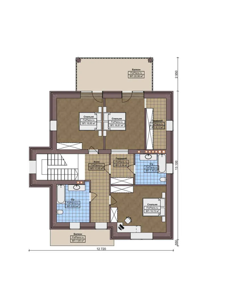 F-2978 - Планы двухэтажного дома 13 на 17, площадью 270 м² с террасой, балконом и 3 спальнями