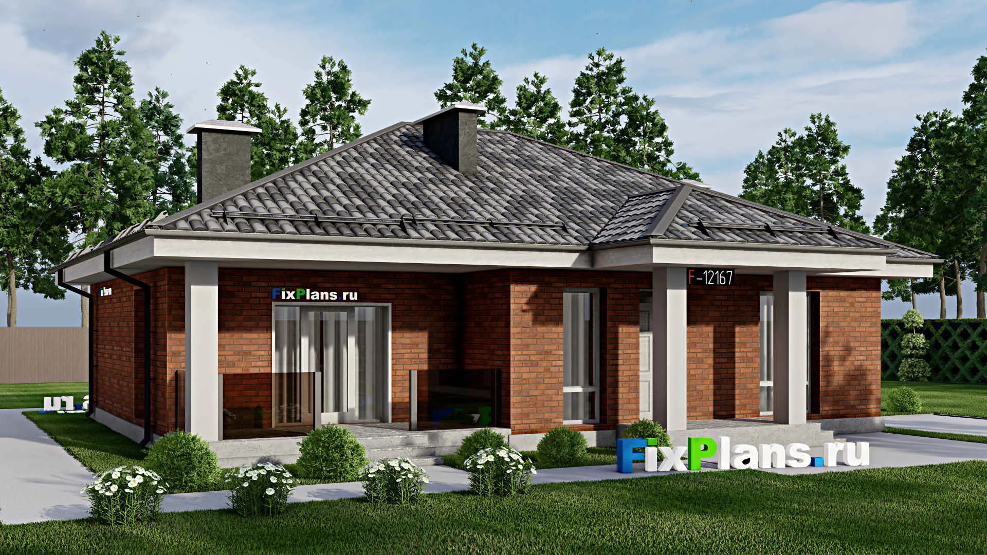 F-12167 - Проект одноэтажного дома 13 на 14, площадью 130 м² с террасой и 3 спальнями