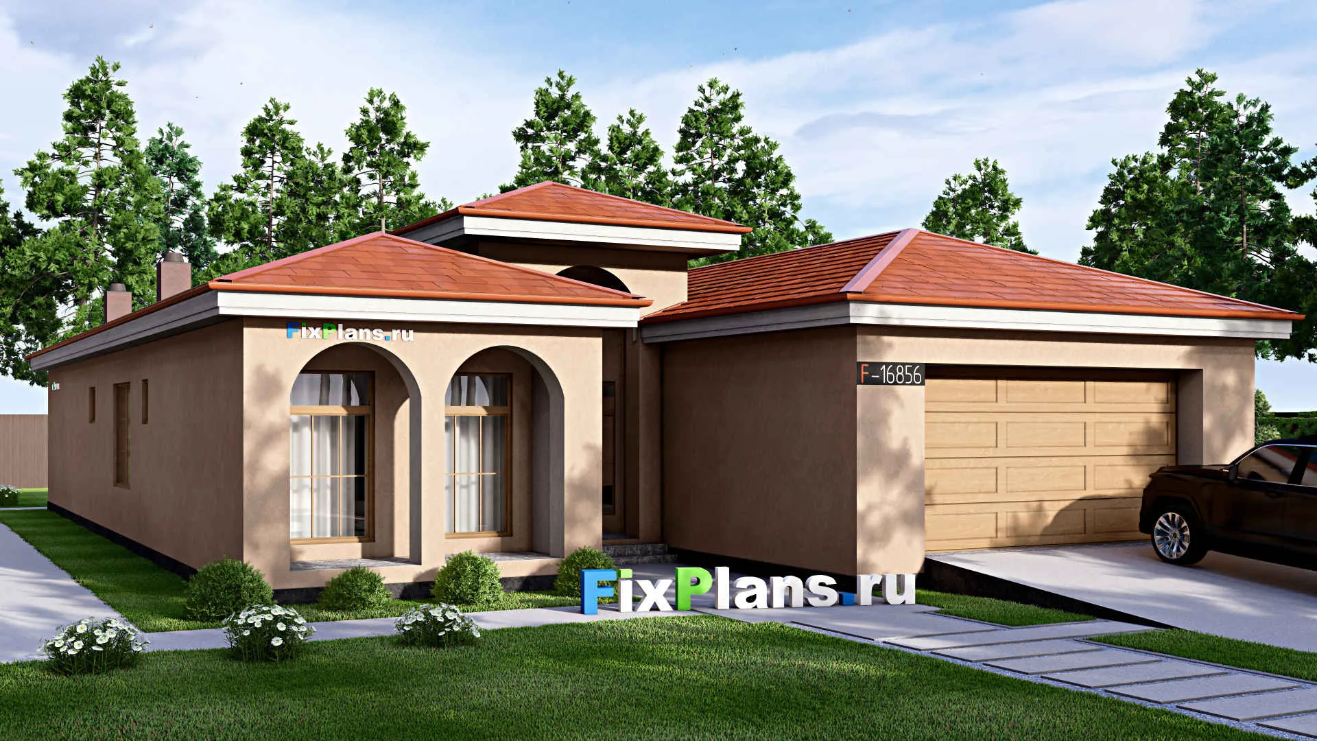 F-16856 - Проект одноэтажного дома 15 на 24, площадью 240 м² с террасой, гаражом на 2 машины и 4 спальнями