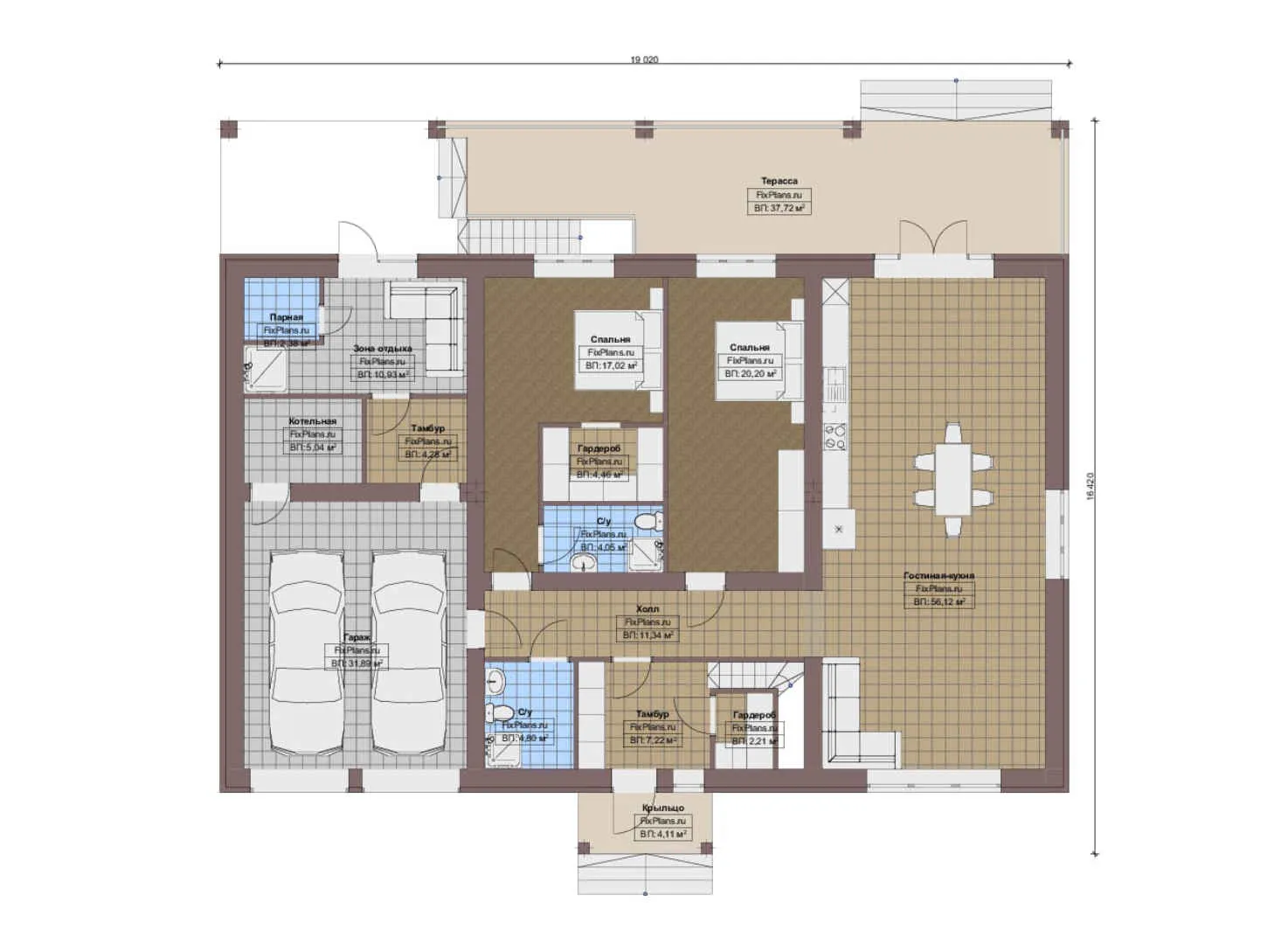 F-12914 - План одноэтажного дома 17 на 20, площадью 360 м² с террасой, цокольным этажом, баней, гаражом на 1 машину и 2 спальнями