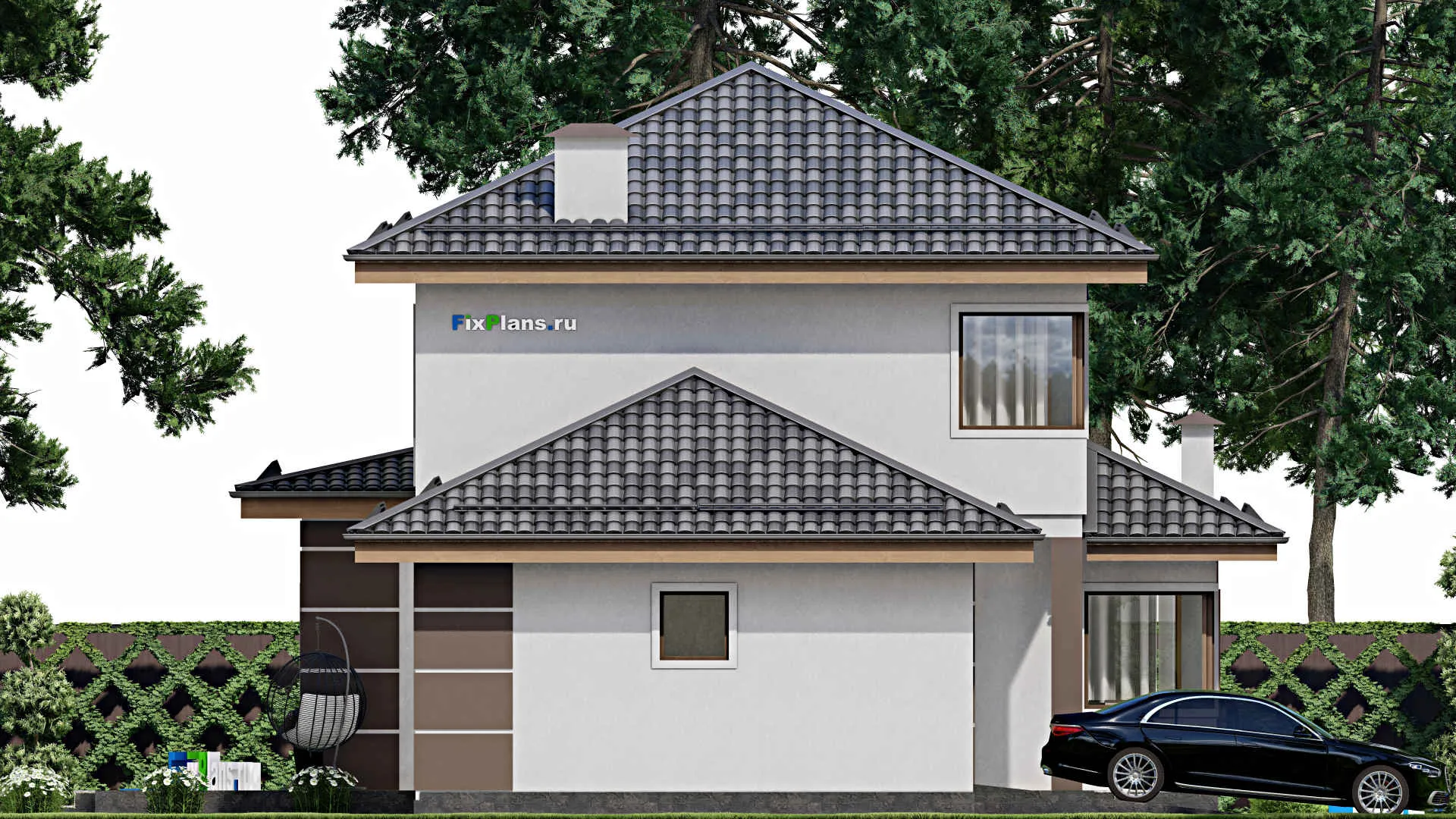 F-10241 - Планы двухэтажного дома 14 на 17, площадью 220 м² с террасой, гаражом на 1 машину и 3 спальнями