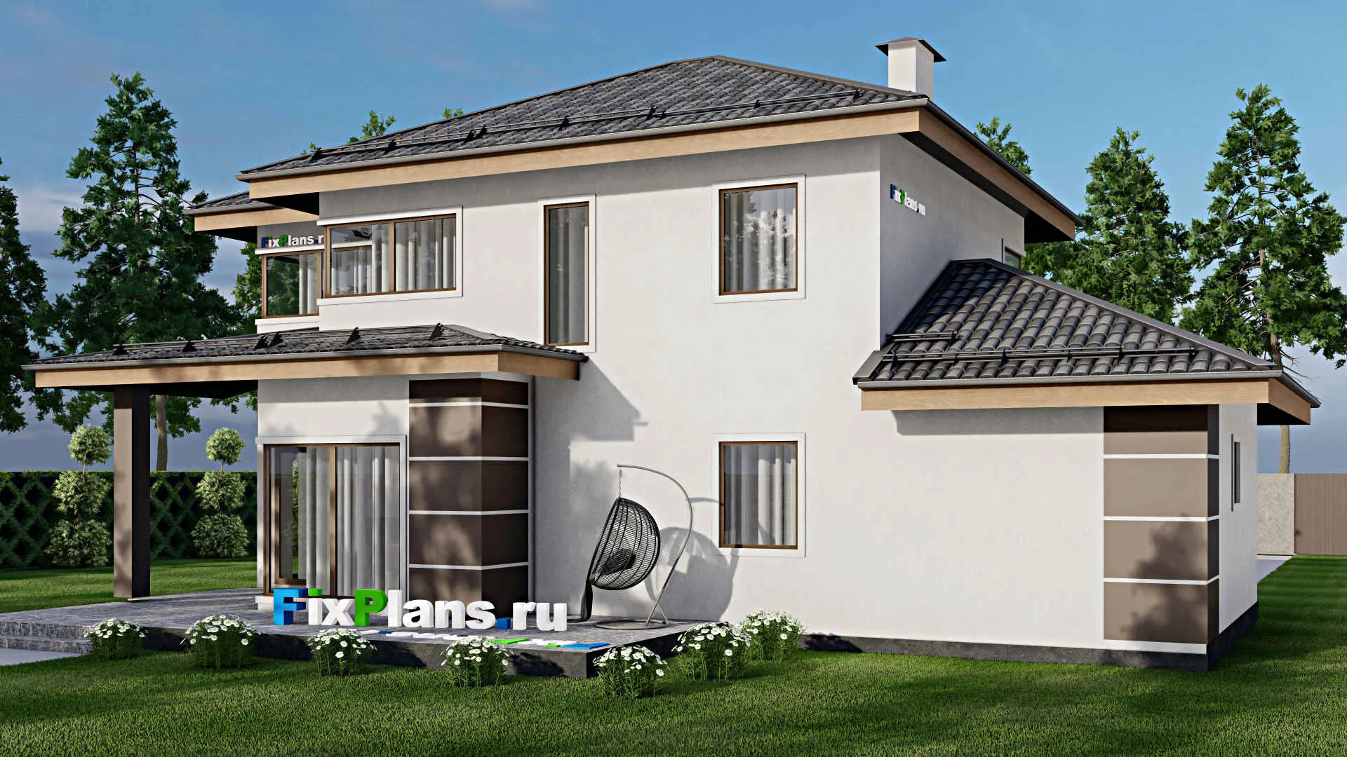 F-10241 - Планы двухэтажного дома 14 на 17, площадью 220 м² с террасой, гаражом на 1 машину и 3 спальнями