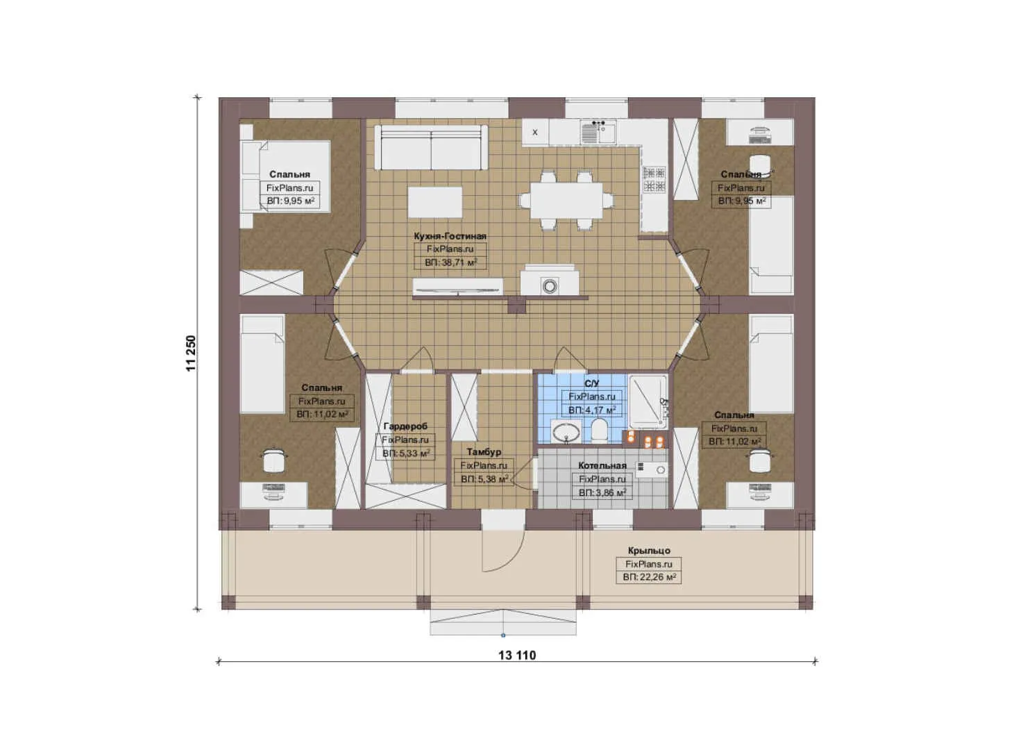F-20564 - План одноэтажного дома 12 на 14, площадью 130 м² с 4 спальнями