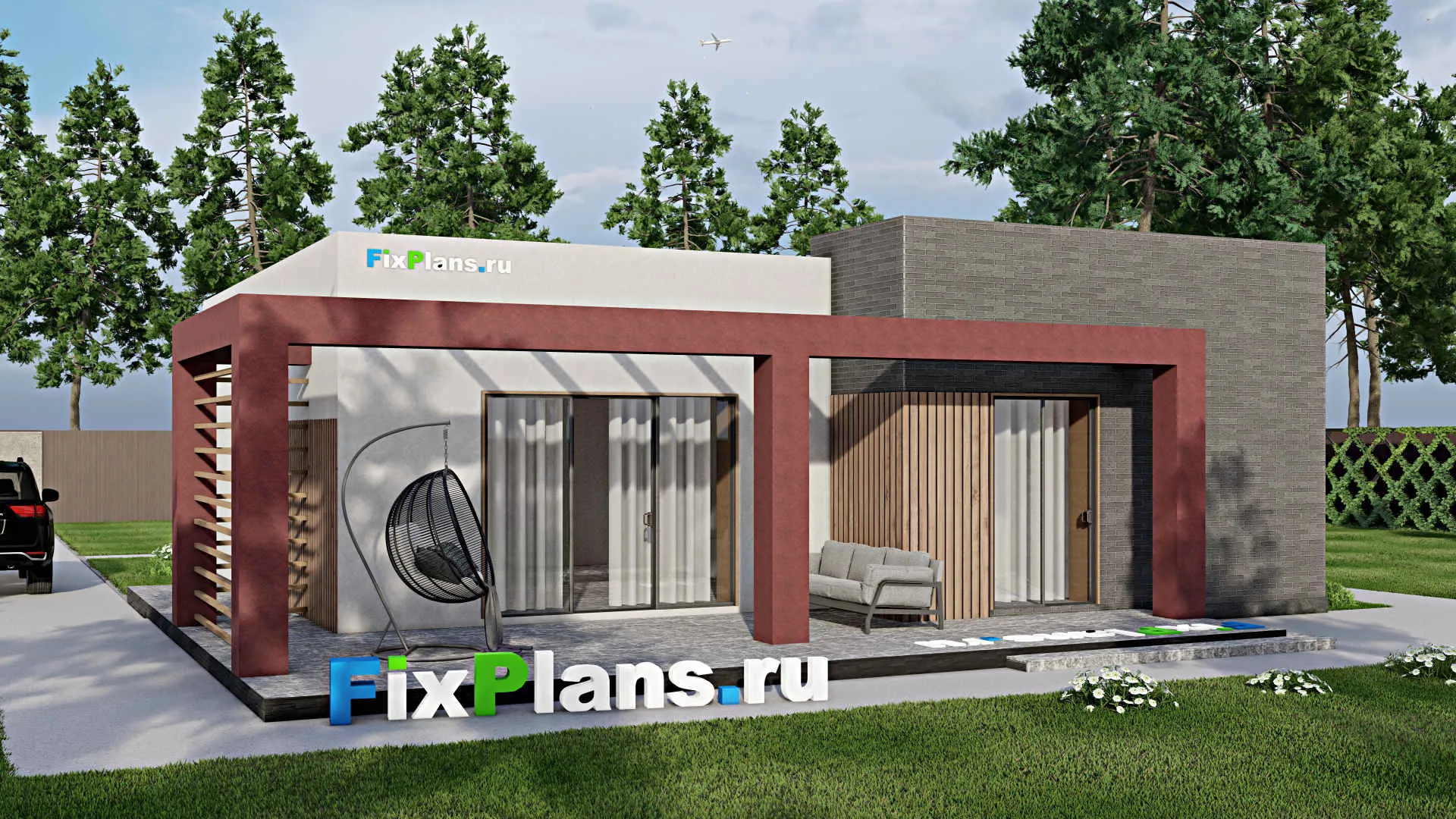 F-7037 - План одноэтажного дома 14 на 15, площадью 150 м² с террасой и 2 спальнями