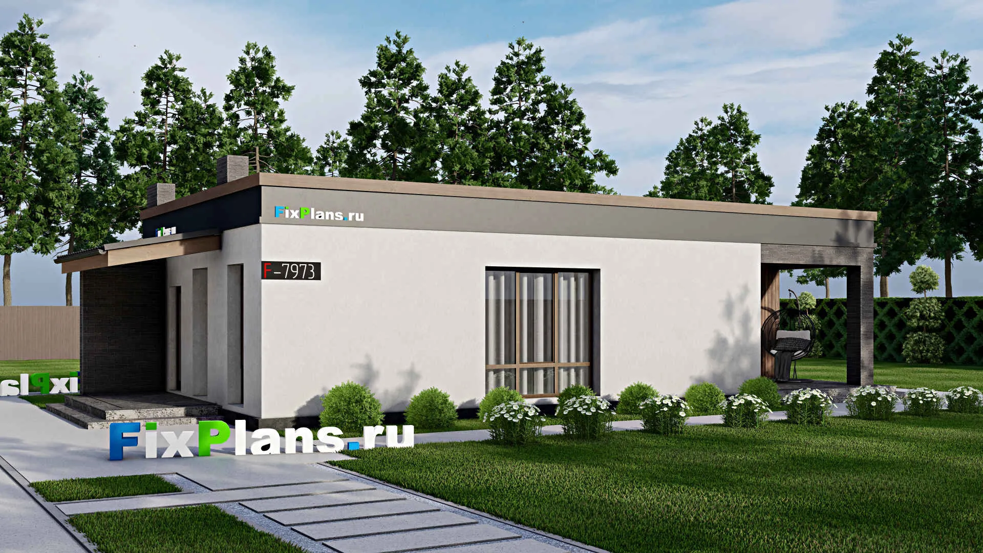 F-7973 - Проект одноэтажного дома 9 на 16, площадью 100 м² с террасой и 3 спальнями