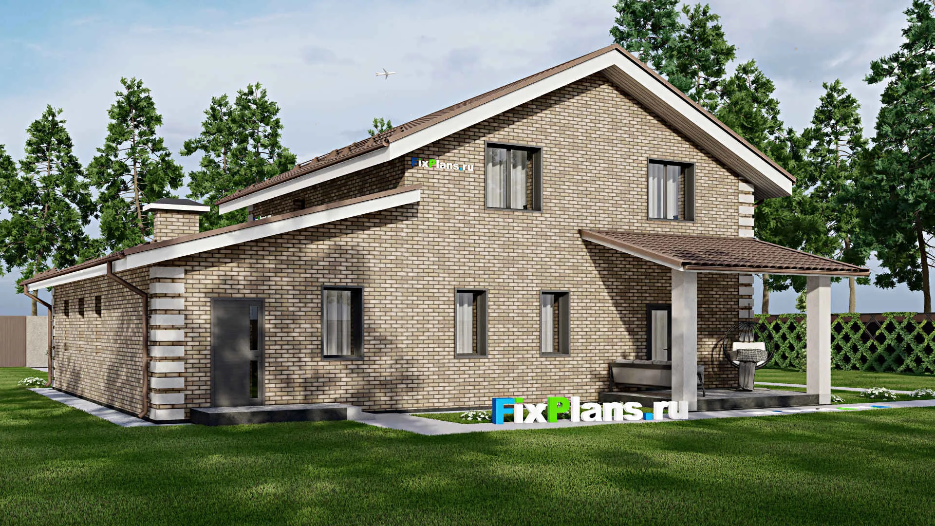 F-2375 - Проект дома с мансардой 14 на 16, площадью 240 м² с террасой, гаражом на 2 машины и 3 спальнями