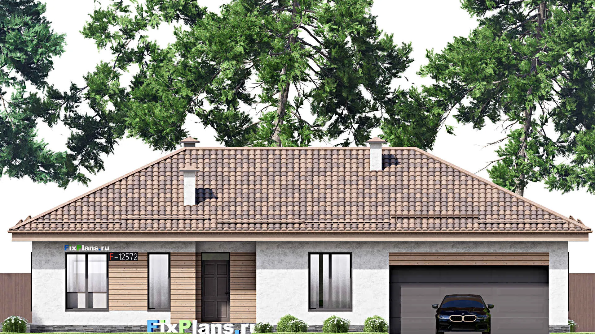 F-12572 - Проект одноэтажного дома 13 на 14, площадью 180 м² с террасой, гаражом на 2 машины и 2 спальнями