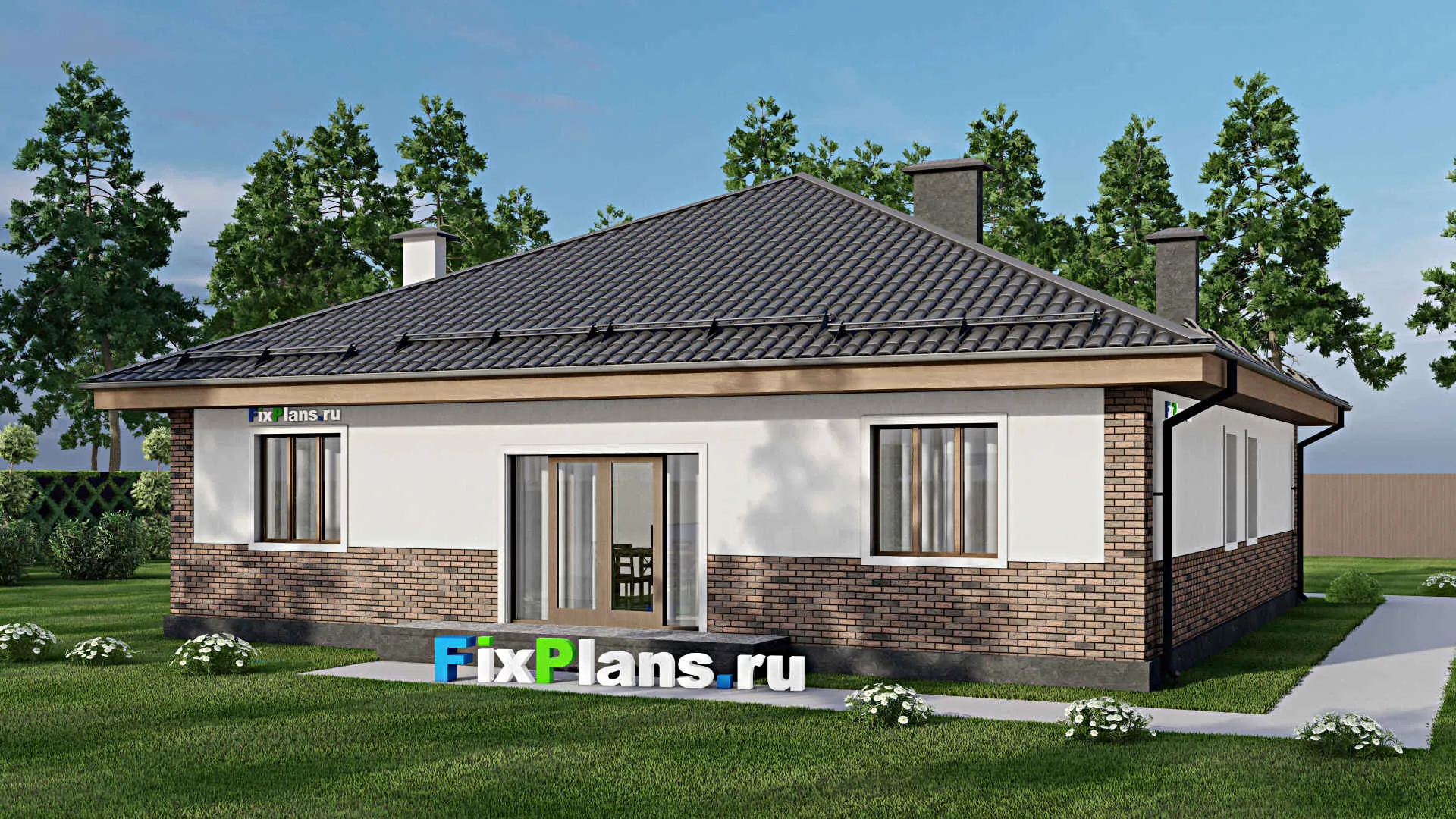 F-11096 - Проект одноэтажного дома 14 на 15, площадью 150 м² с террасой и 4 спальнями