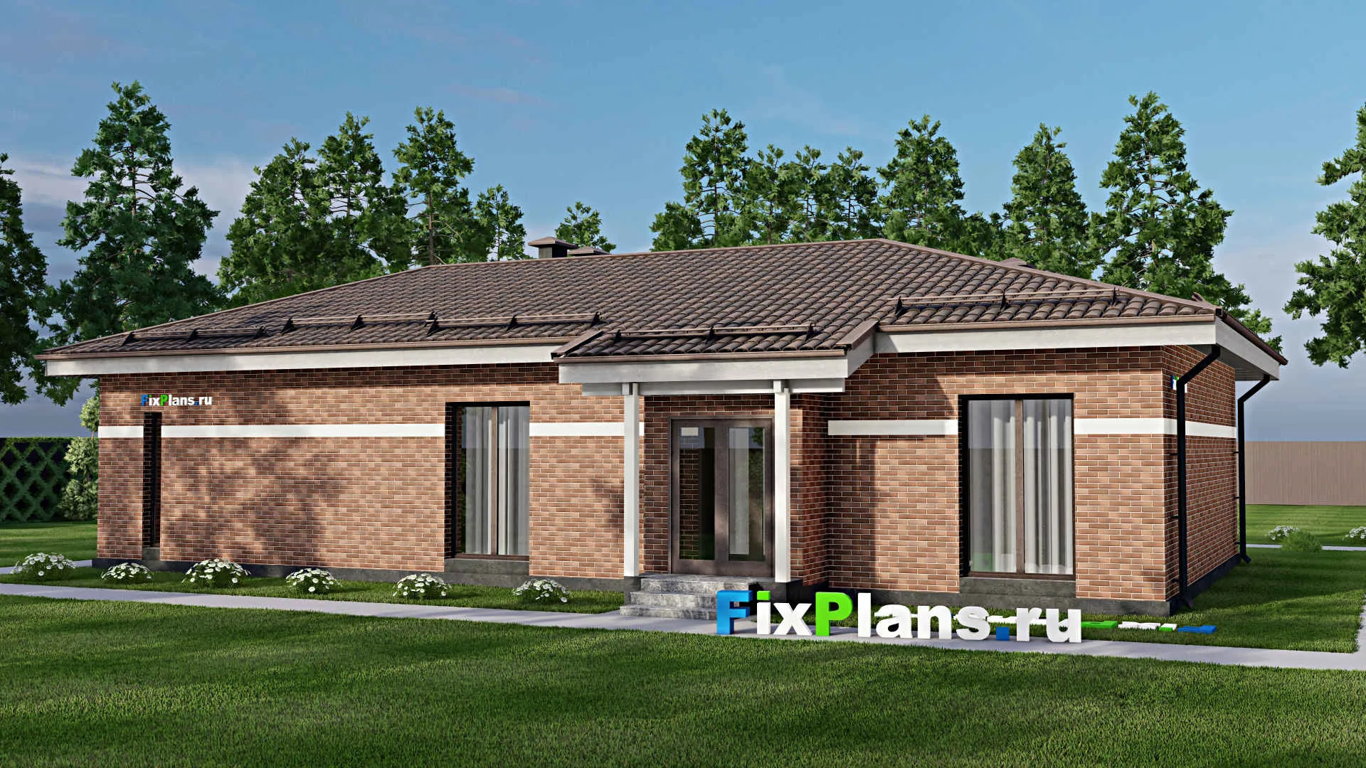 F-6317 - Проект одноэтажного дома 18 на 18, площадью 180 м² с баней, гаражом на 2 машины и 3 спальнями