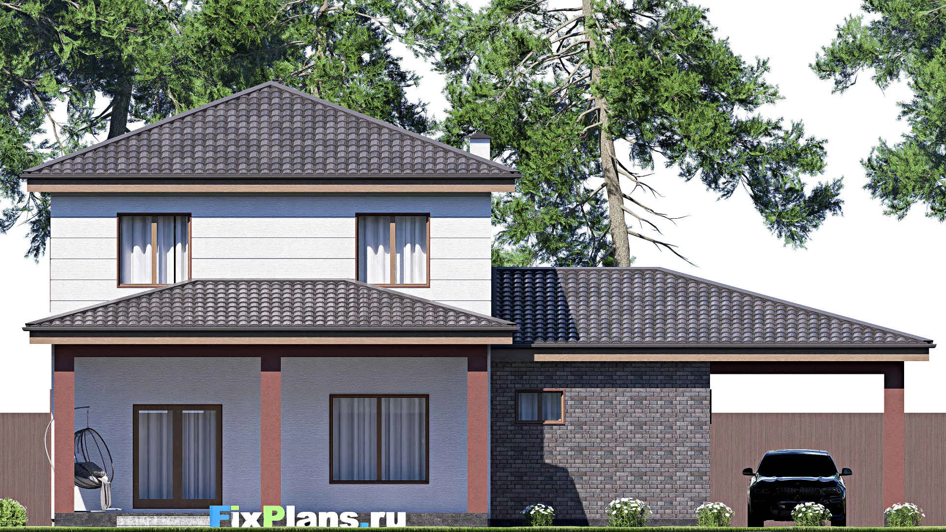 F-18818 - Проект двухэтажного дома 16 на 18, площадью 240 м² с террасой, гаражом на 1 машину и 4 спальнями