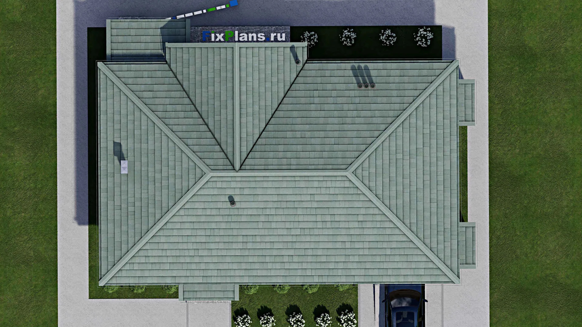 F-9791 - Проект одноэтажного дома 13 на 18, площадью 160 м² с террасой, гаражом на 1 машину и 2 спальнями