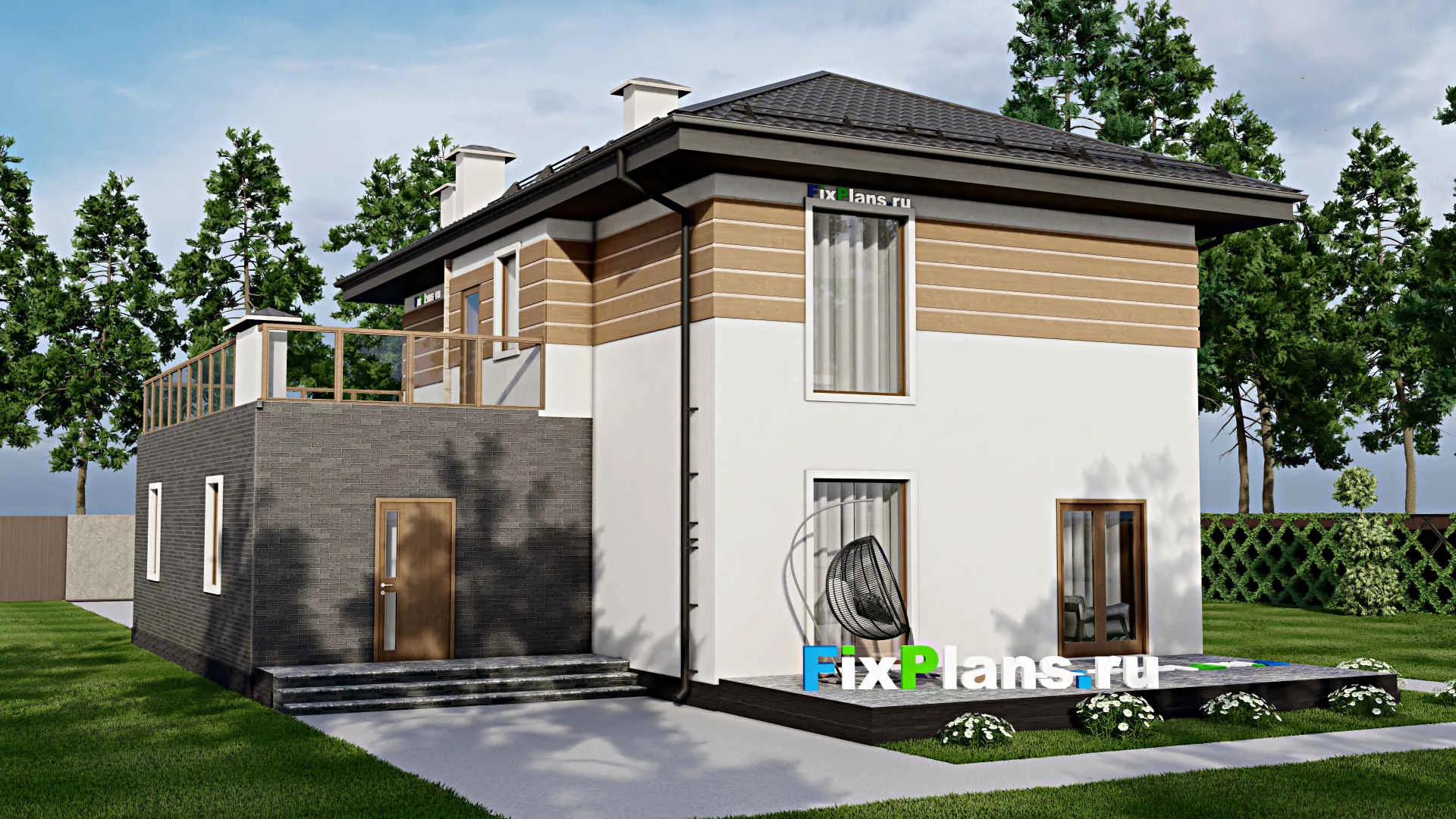 F-8774 - Проект двухэтажного дома 14 на 18, площадью 270 м² с террасой, балконом, гаражом на 1 машину и 4 спальнями