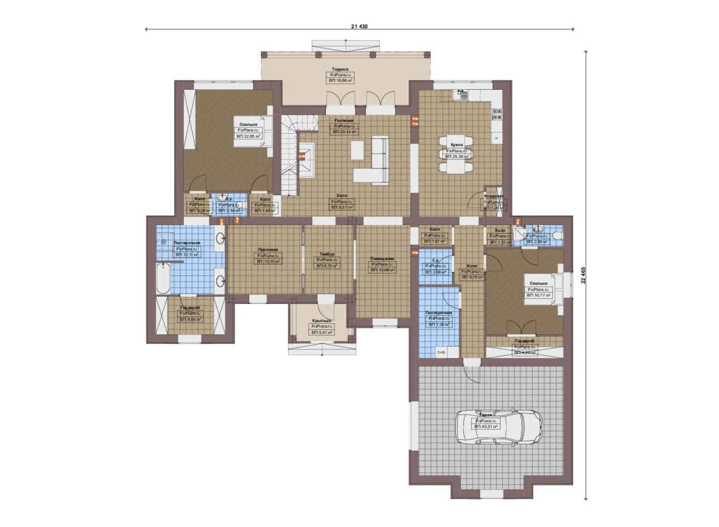 F-19808 - Планы дома с мансардой 22 на 23, площадью 330 м² с террасой, гаражом на 2 машины и 3 спальнями
