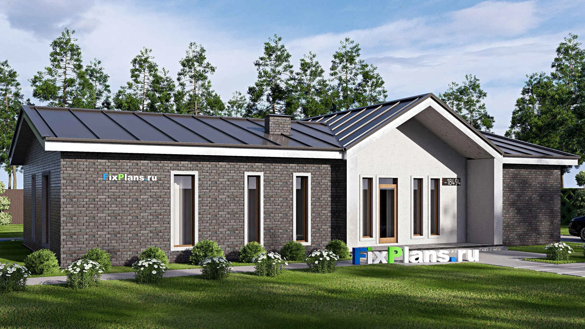 F-18494 - Проект одноэтажного дома 14 на 20, площадью 180 м² с террасой, баней и 2 спальнями