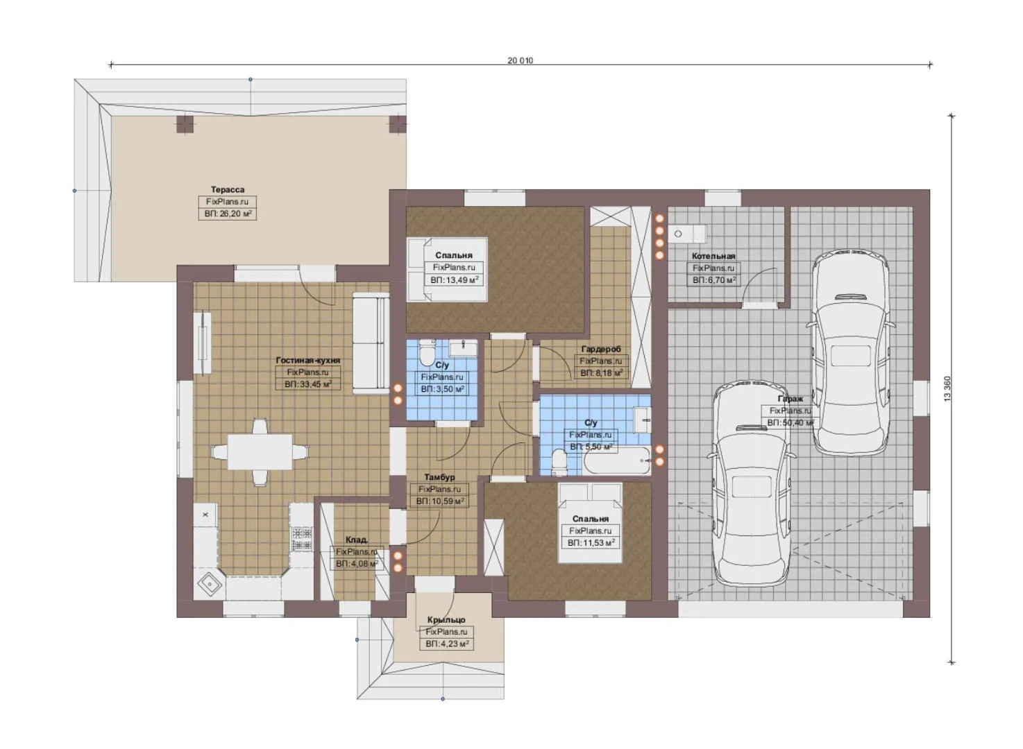 F-12572 - План одноэтажного дома 13 на 14, площадью 180 м² с террасой, гаражом на 2 машины и 2 спальнями